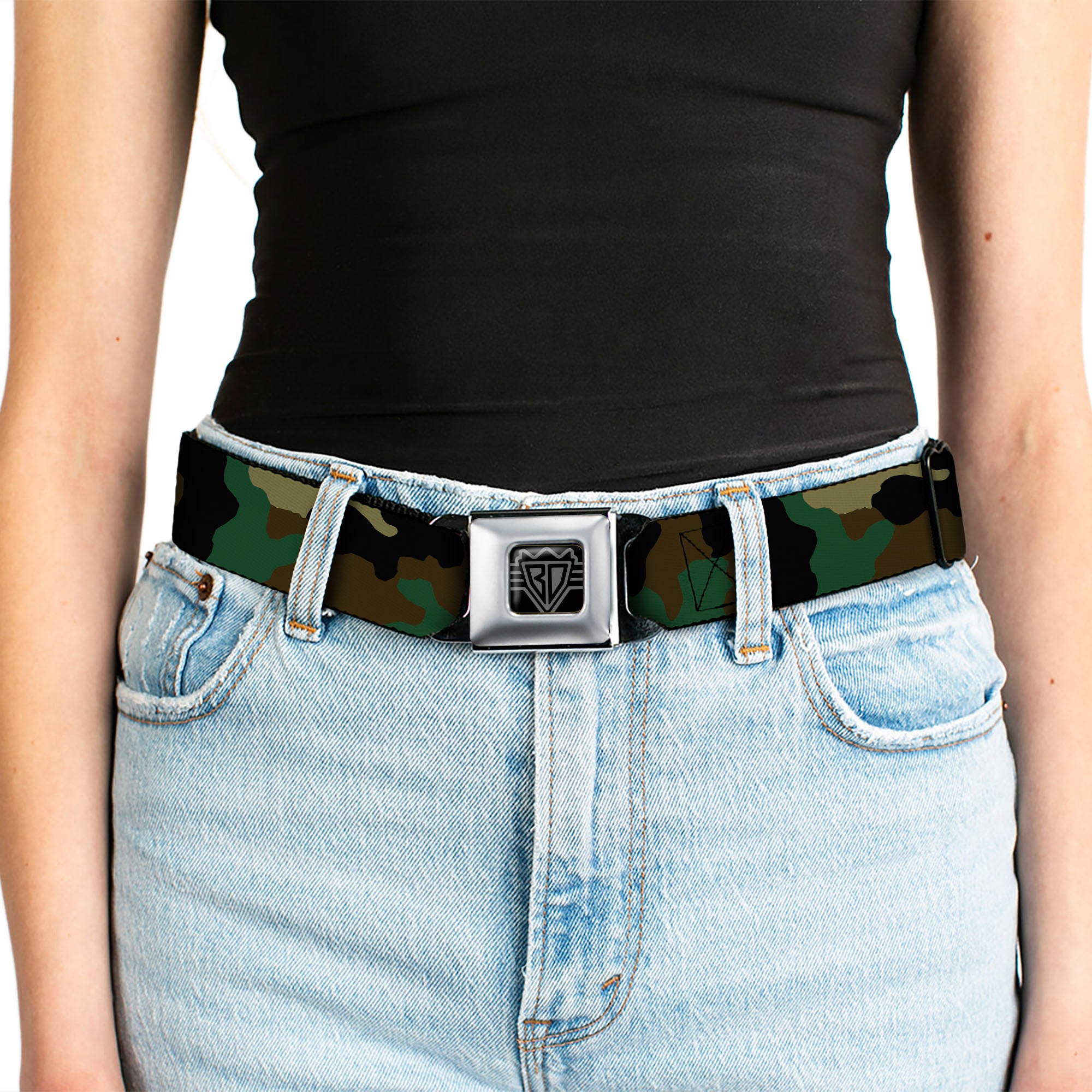 BD Wings Logo CLOSE-UP Full Color Black Silver Seatbelt Belt - Camo Olive Webbing Seatbelt Belts Buckle-Down