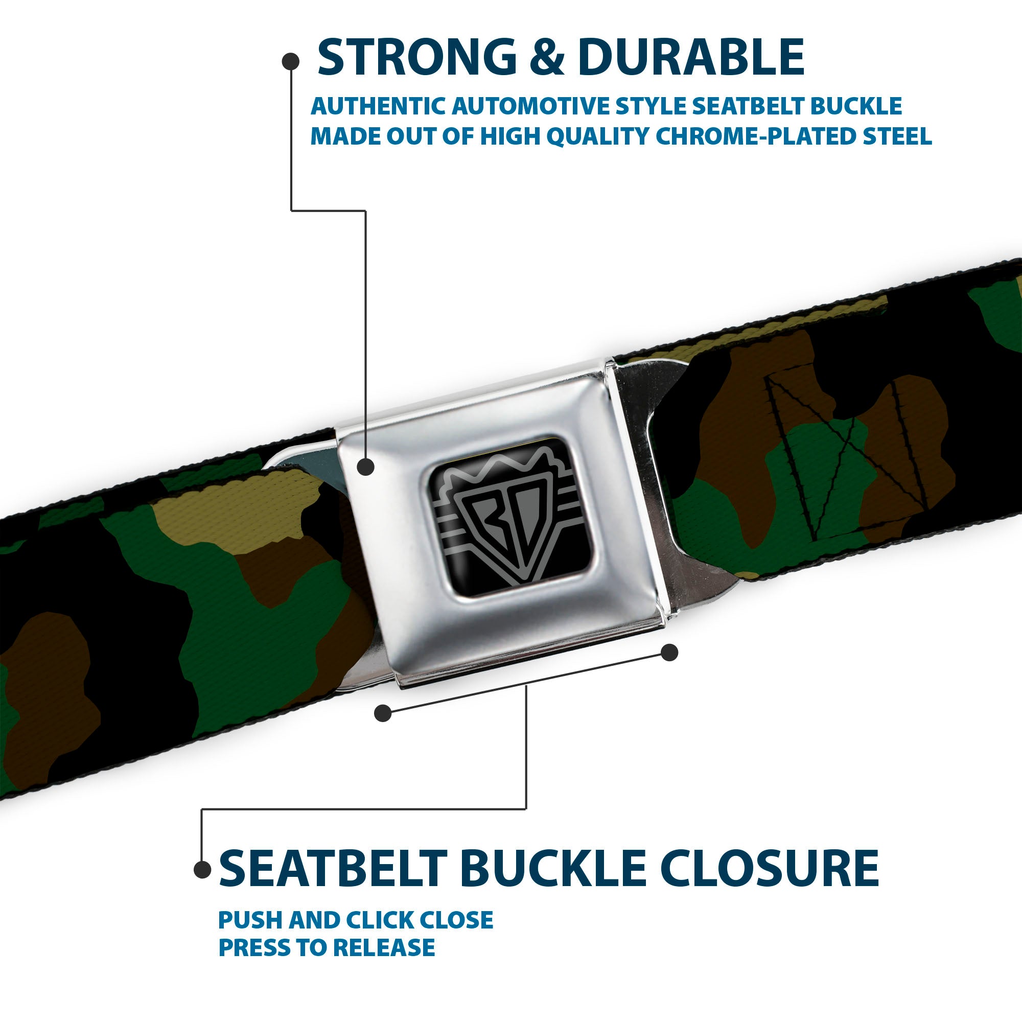 BD Wings Logo CLOSE-UP Full Color Black Silver Seatbelt Belt - Camo Olive Webbing Seatbelt Belts Buckle-Down