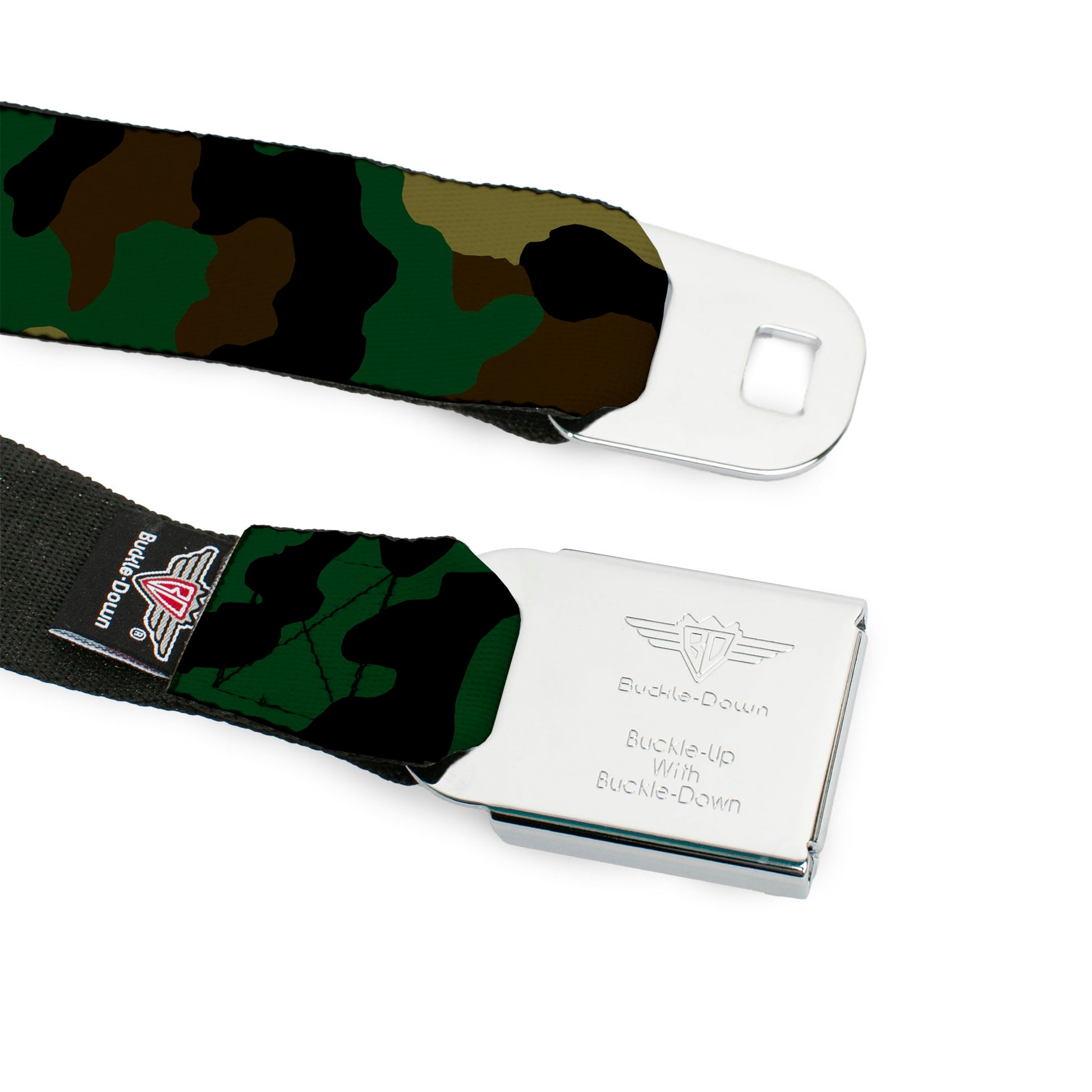 BD Wings Logo CLOSE-UP Full Color Black Silver Seatbelt Belt - Camo Olive Webbing Seatbelt Belts Buckle-Down