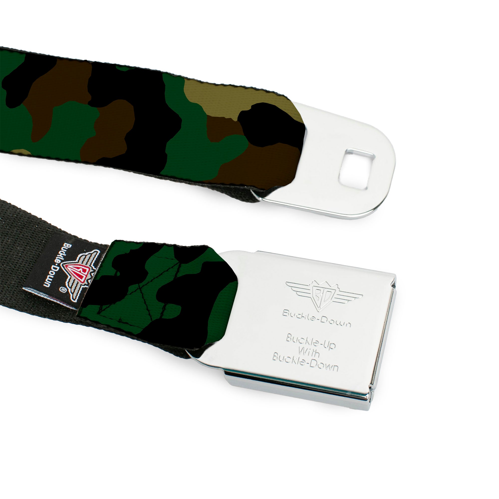 BD Wings Logo CLOSE-UP Full Color Black Silver Seatbelt Belt - Camo Olive Webbing Seatbelt Belts Buckle-Down