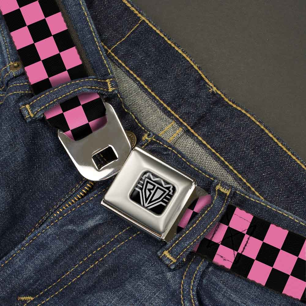 BD Wings Logo CLOSE-UP Full Color Black Silver Seatbelt Belt - Checker Black/Pink Webbing Seatbelt Belts Buckle-Down