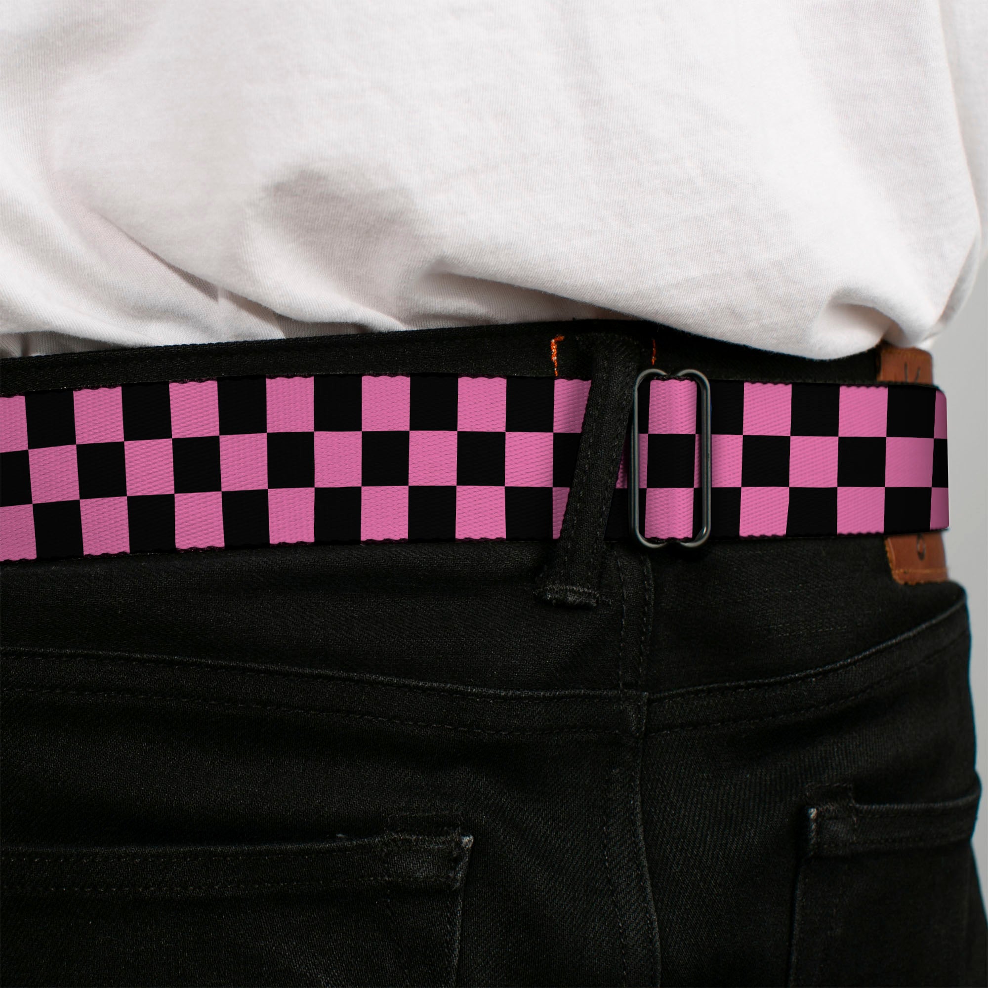 BD Wings Logo CLOSE-UP Full Color Black Silver Seatbelt Belt - Checker Black/Pink Webbing Seatbelt Belts Buckle-Down