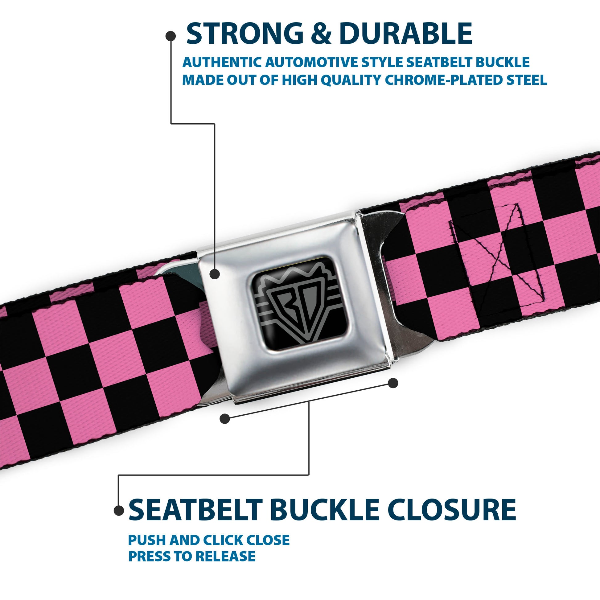BD Wings Logo CLOSE-UP Full Color Black Silver Seatbelt Belt - Checker Black/Pink Webbing Seatbelt Belts Buckle-Down