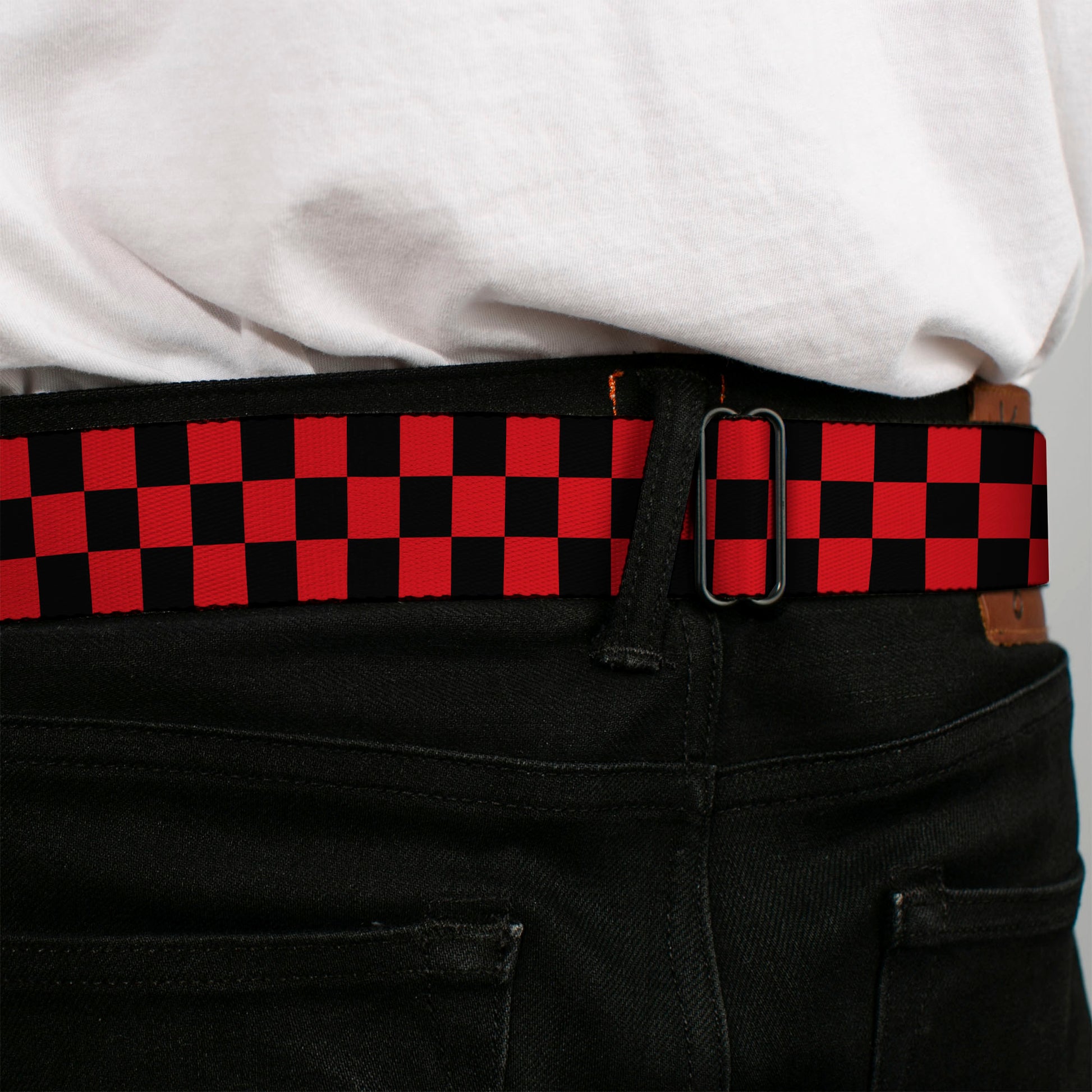BD Wings Logo CLOSE-UP Full Color Black Silver Seatbelt Belt - Checker Black/Red Webbing Seatbelt Belts Buckle-Down