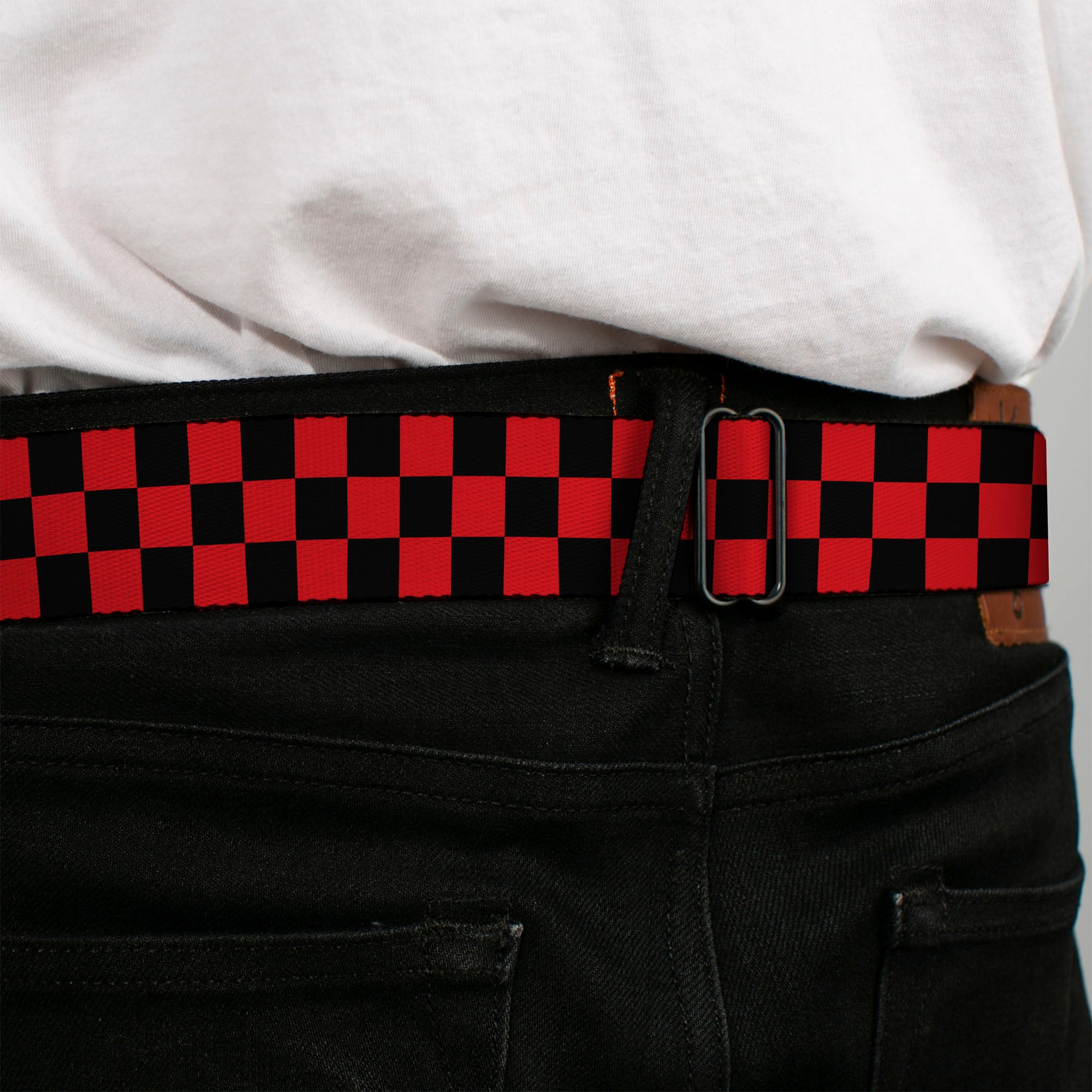 BD Wings Logo CLOSE-UP Full Color Black Silver Seatbelt Belt - Checker Black/Red Webbing Seatbelt Belts Buckle-Down