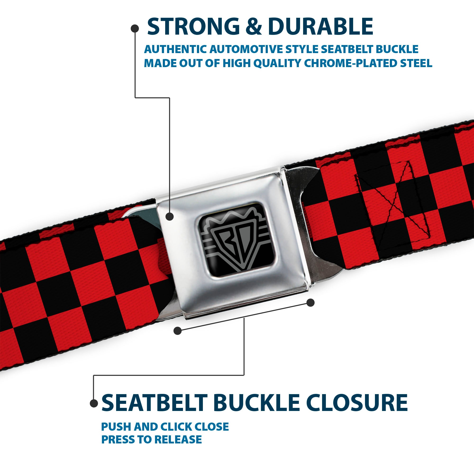 BD Wings Logo CLOSE-UP Full Color Black Silver Seatbelt Belt - Checker Black/Red Webbing Seatbelt Belts Buckle-Down