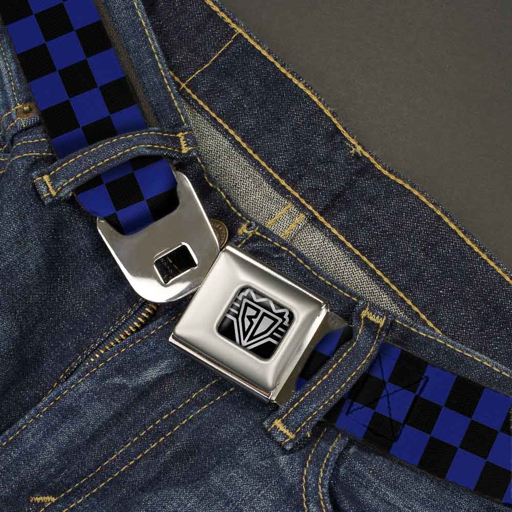 BD Wings Logo CLOSE-UP Full Color Black Silver Seatbelt Belt - Checker Black/Blue Webbing Seatbelt Belts Buckle-Down