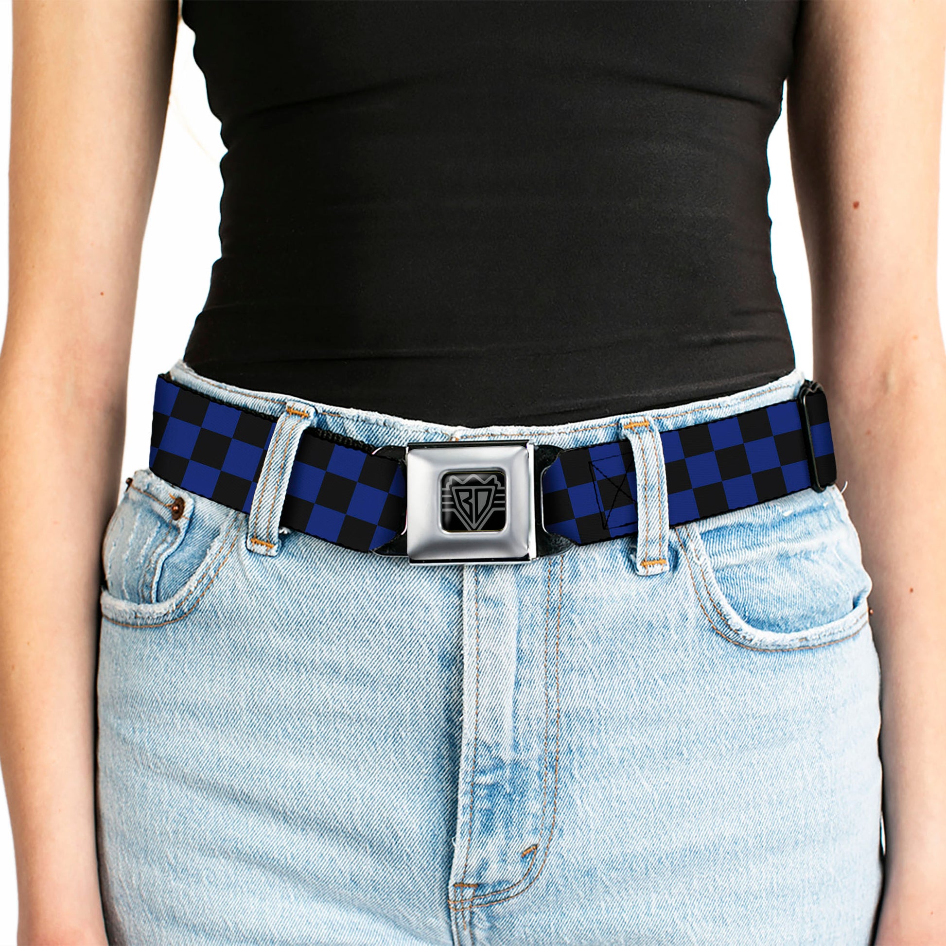BD Wings Logo CLOSE-UP Full Color Black Silver Seatbelt Belt - Checker Black/Blue Webbing Seatbelt Belts Buckle-Down