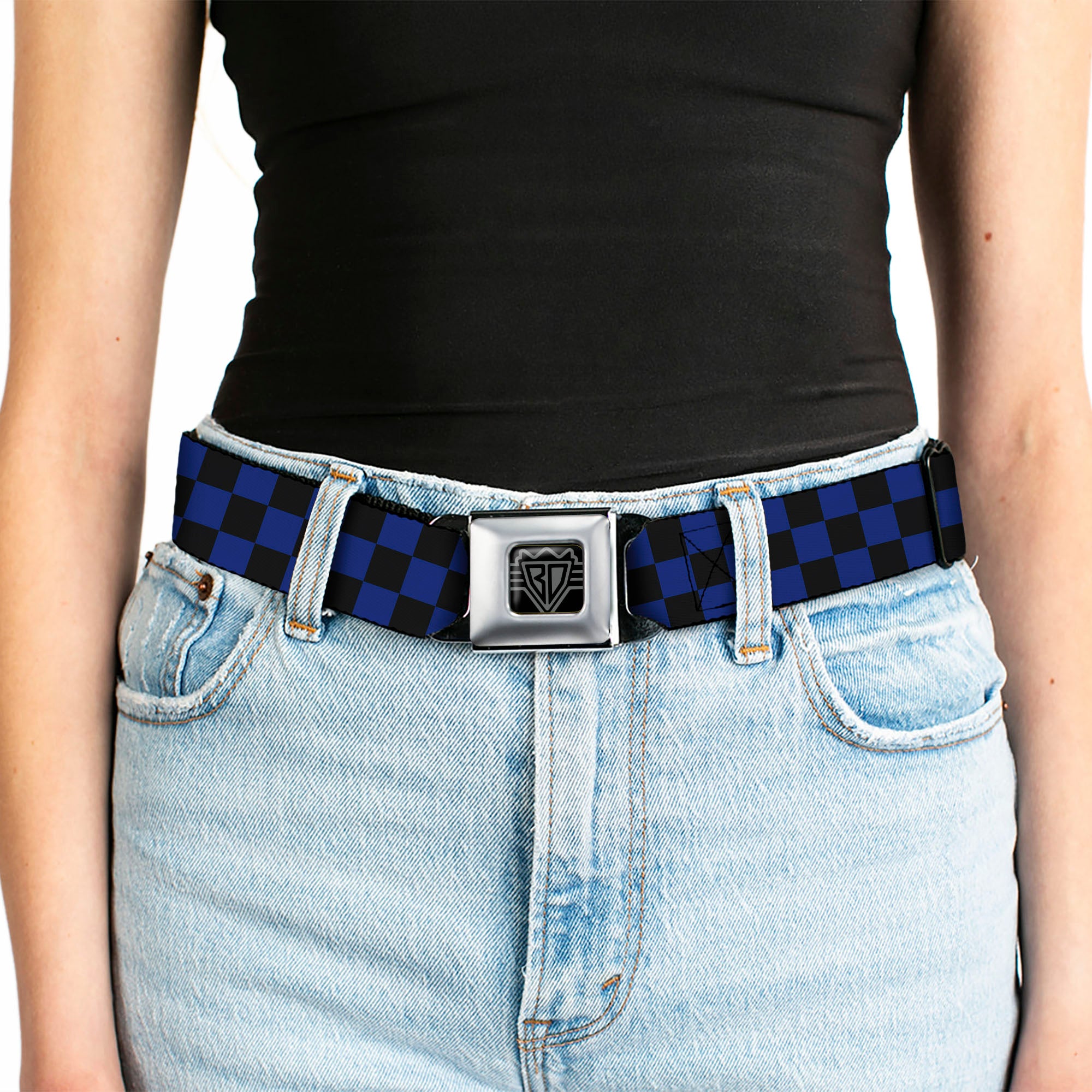 BD Wings Logo CLOSE-UP Full Color Black Silver Seatbelt Belt - Checker Black/Blue Webbing Seatbelt Belts Buckle-Down