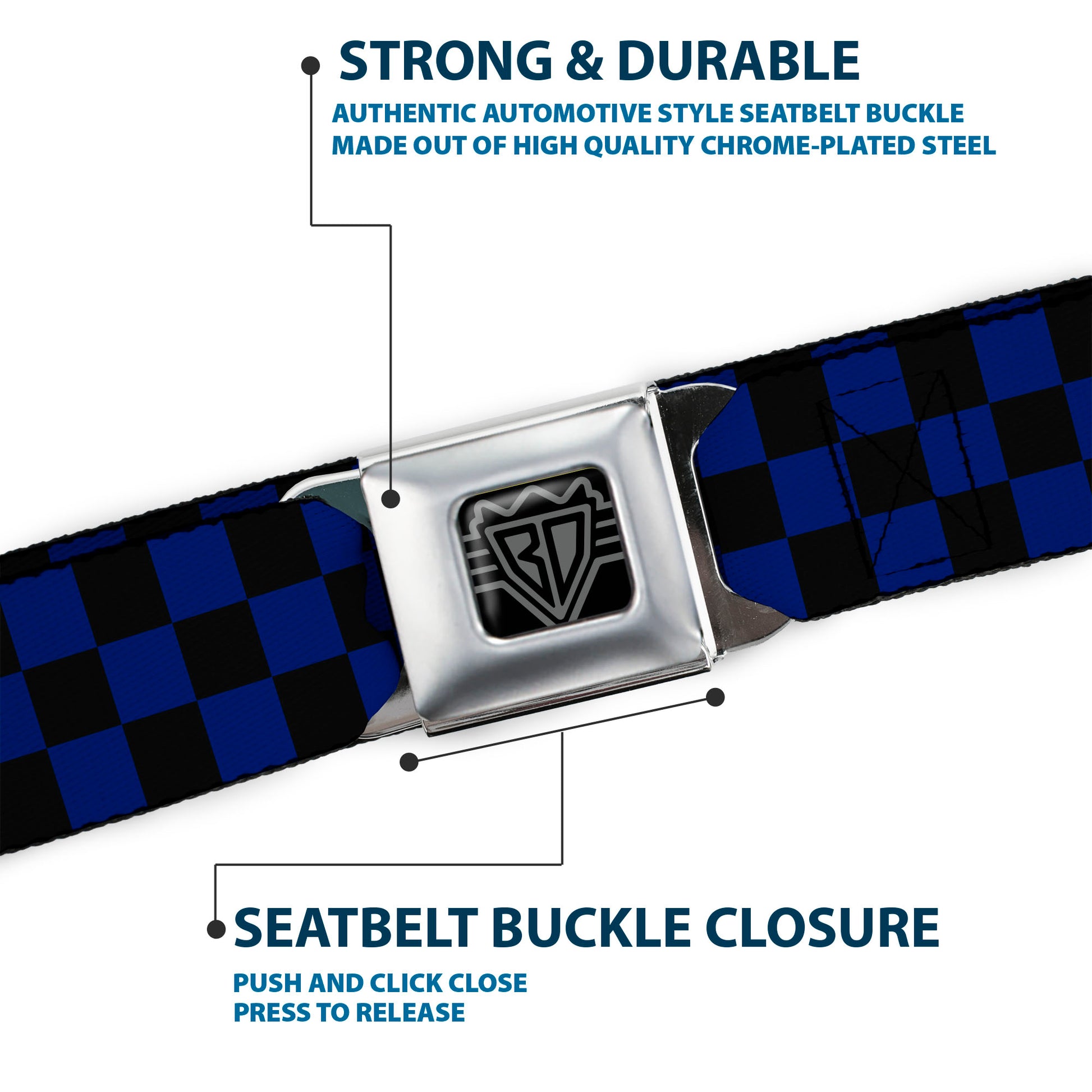 BD Wings Logo CLOSE-UP Full Color Black Silver Seatbelt Belt - Checker Black/Blue Webbing Seatbelt Belts Buckle-Down