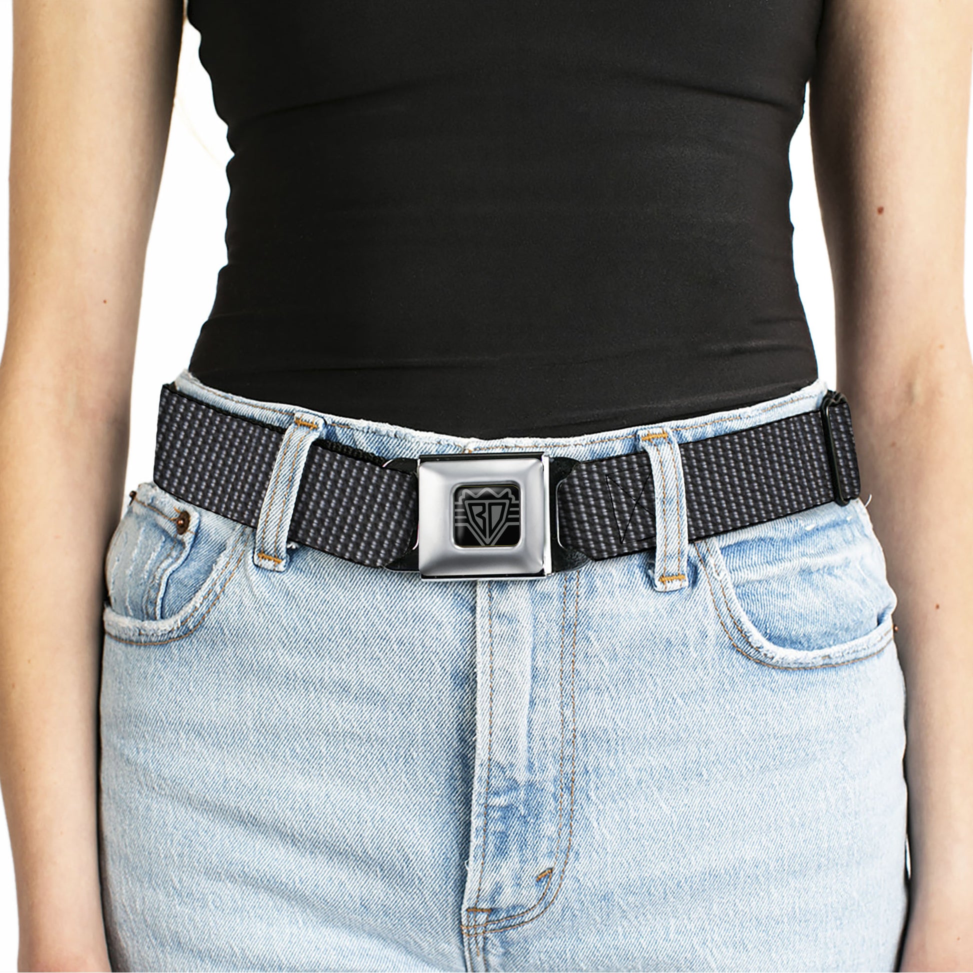 BD Wings Logo CLOSE-UP Black/Silver Seatbelt Belt - Dot Black/White Webbing Seatbelt Belts Buckle-Down