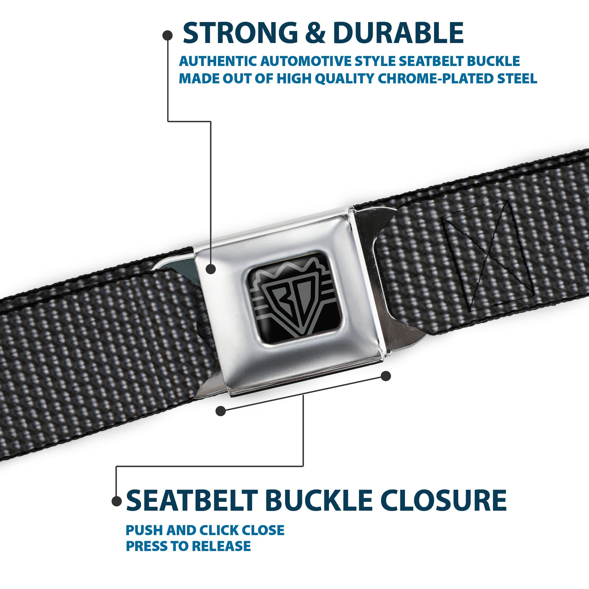 BD Wings Logo CLOSE-UP Black/Silver Seatbelt Belt - Dot Black/White Webbing Seatbelt Belts Buckle-Down