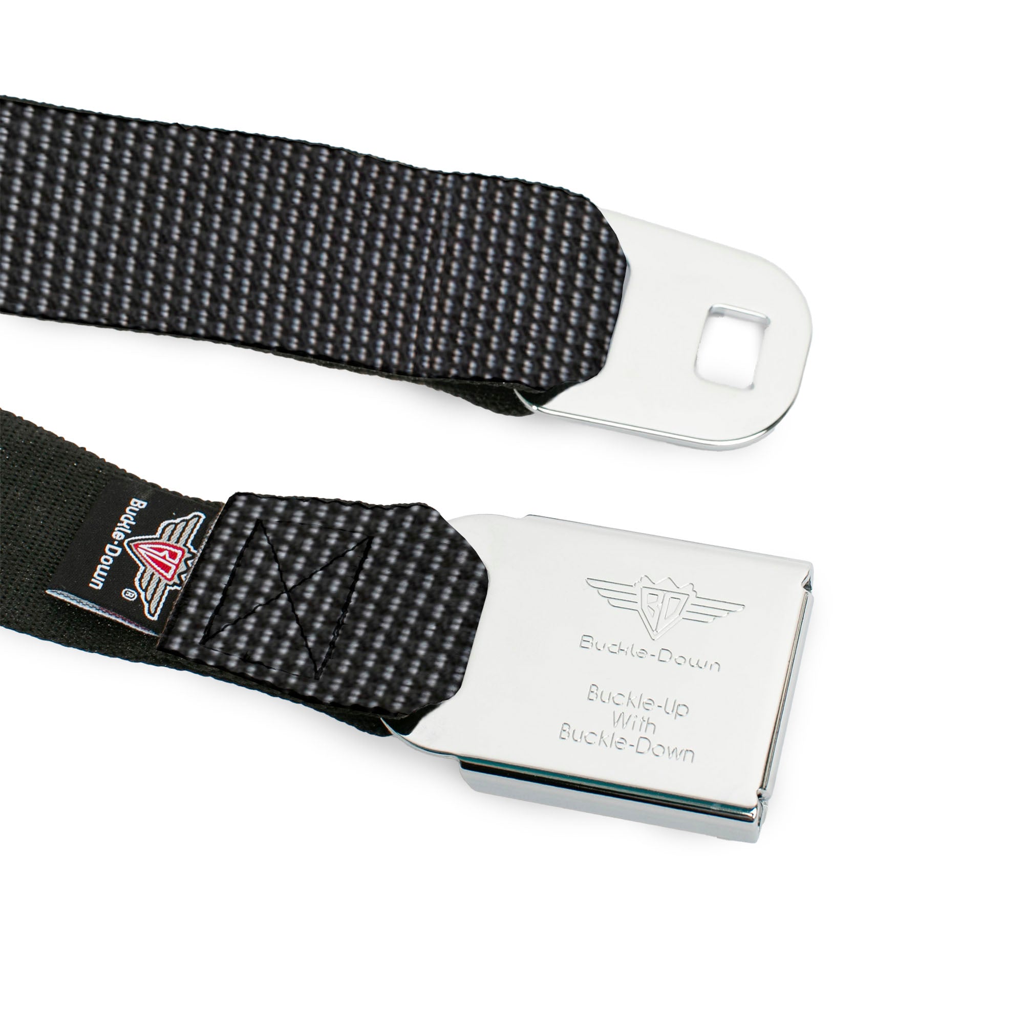 BD Wings Logo CLOSE-UP Black/Silver Seatbelt Belt - Dot Black/White Webbing Seatbelt Belts Buckle-Down