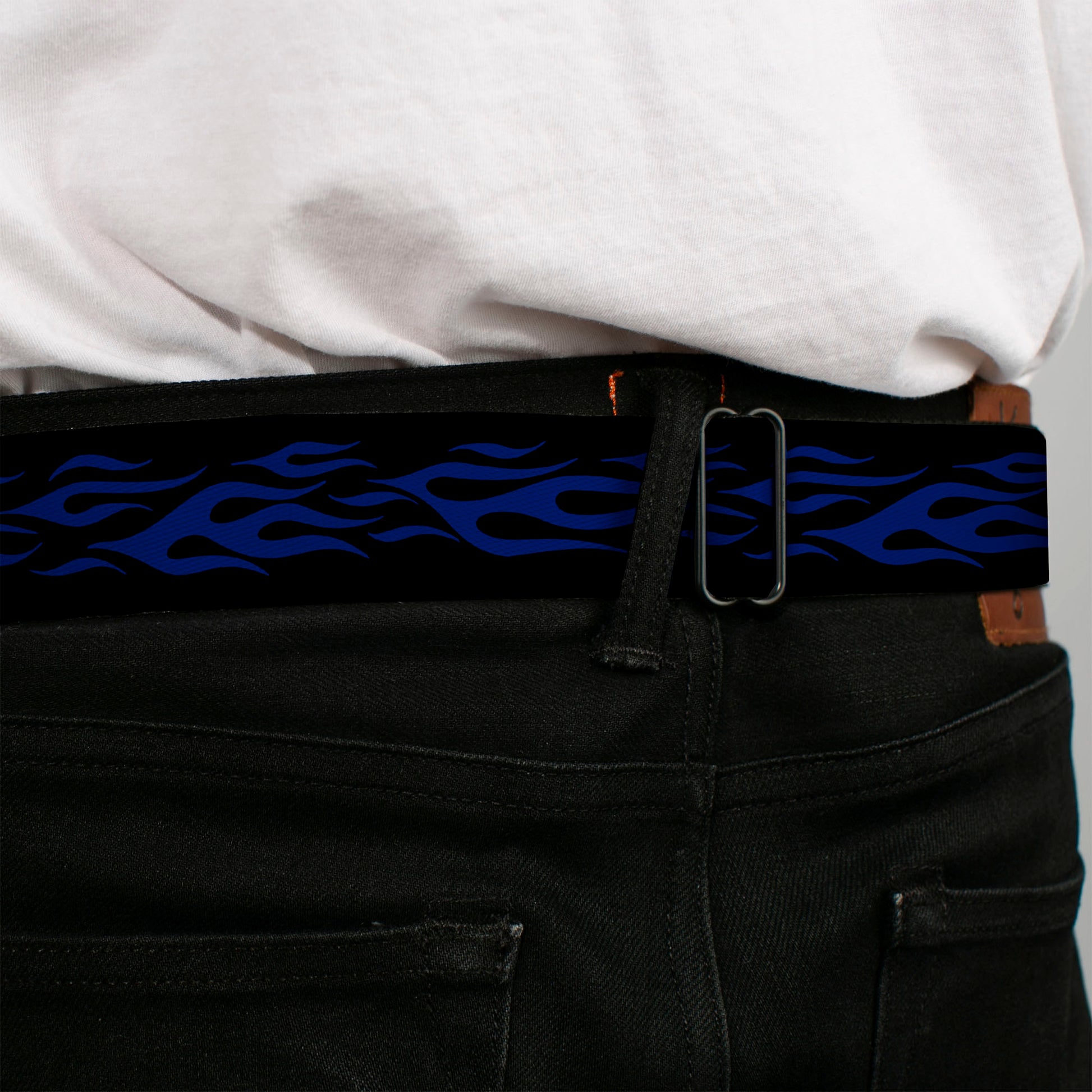 BD Wings Logo CLOSE-UP Full Color Black Silver Seatbelt Belt - Flame Blue Webbing Seatbelt Belts Buckle-Down