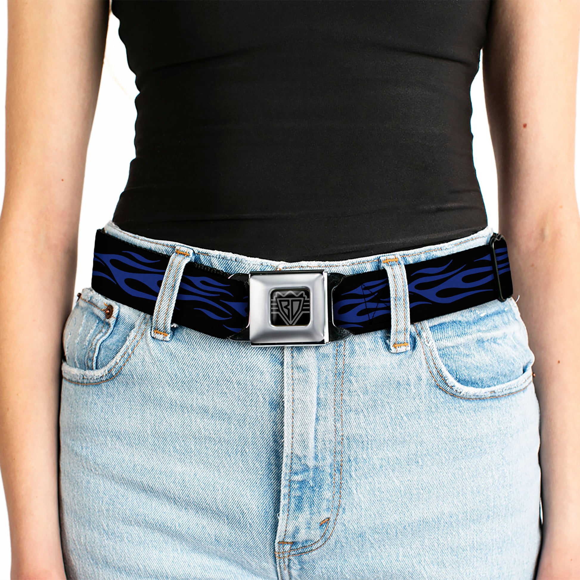 BD Wings Logo CLOSE-UP Full Color Black Silver Seatbelt Belt - Flame Blue Webbing Seatbelt Belts Buckle-Down