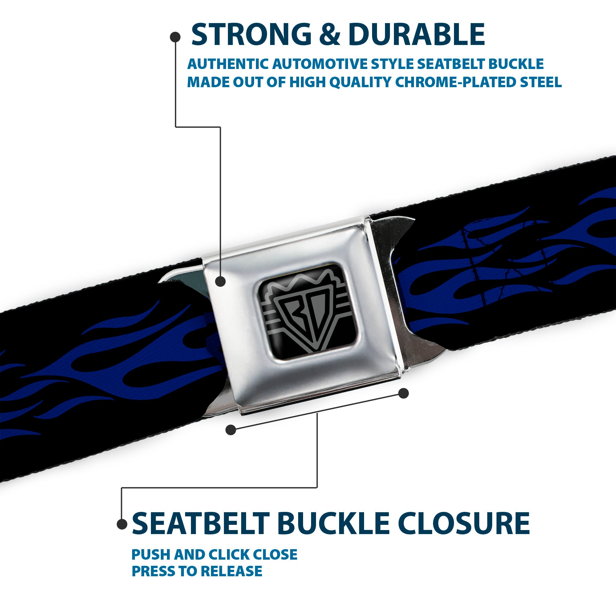 BD Wings Logo CLOSE-UP Full Color Black Silver Seatbelt Belt - Flame Blue Webbing Seatbelt Belts Buckle-Down