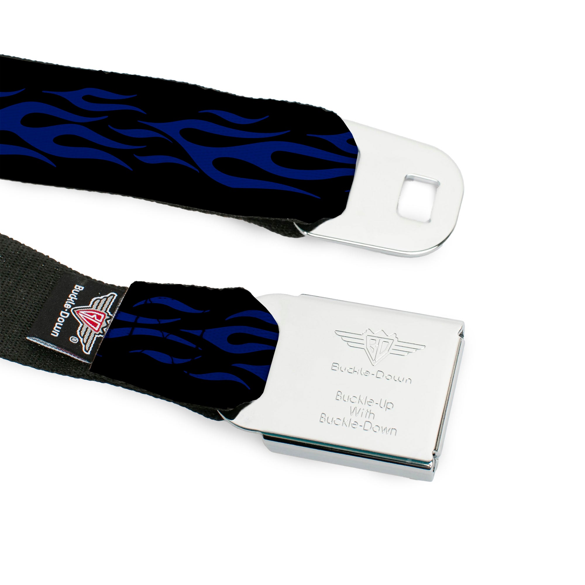 BD Wings Logo CLOSE-UP Full Color Black Silver Seatbelt Belt - Flame Blue Webbing Seatbelt Belts Buckle-Down