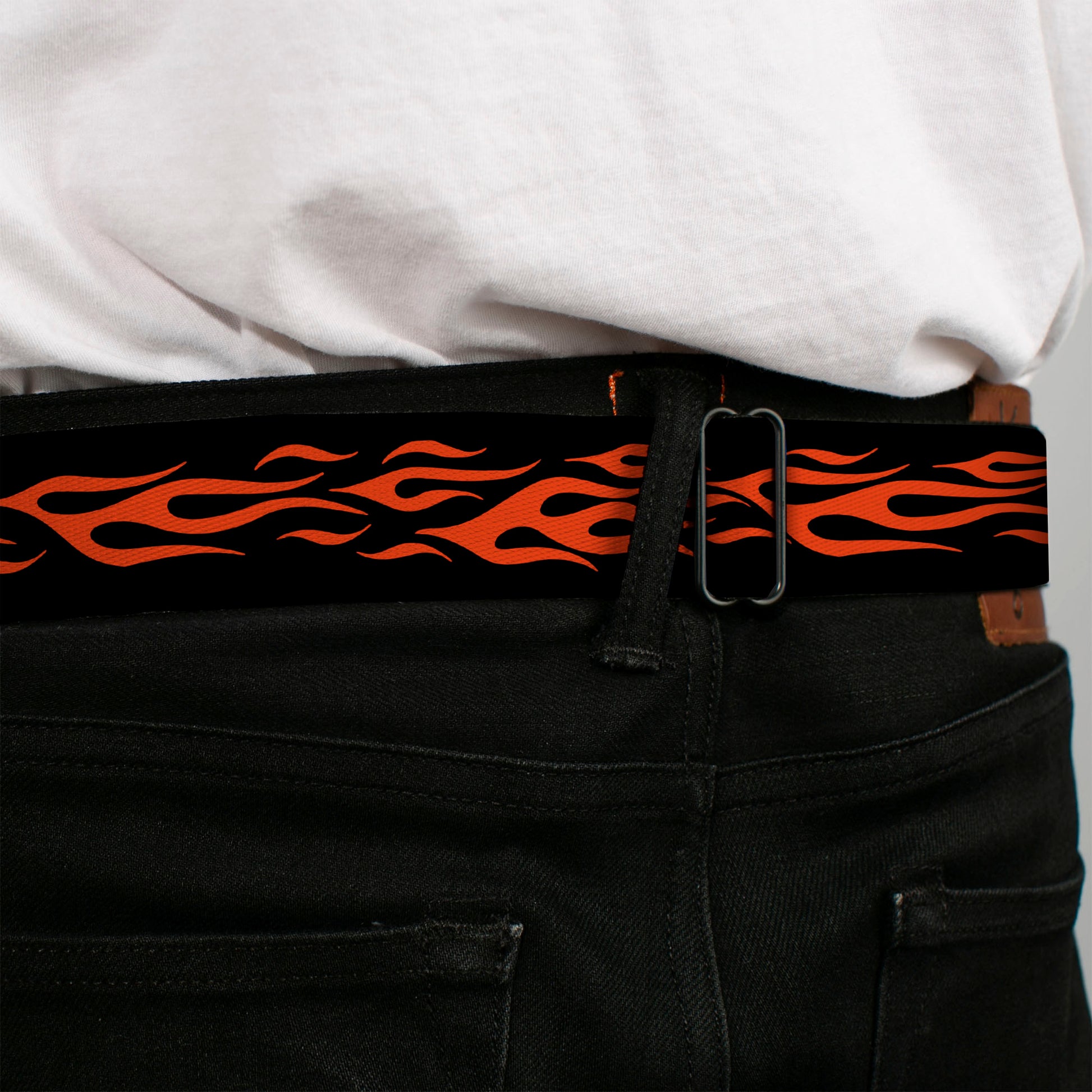 BD Wings Logo CLOSE-UP Full Color Black Silver Seatbelt Belt - Flame Orange Webbing Seatbelt Belts Buckle-Down