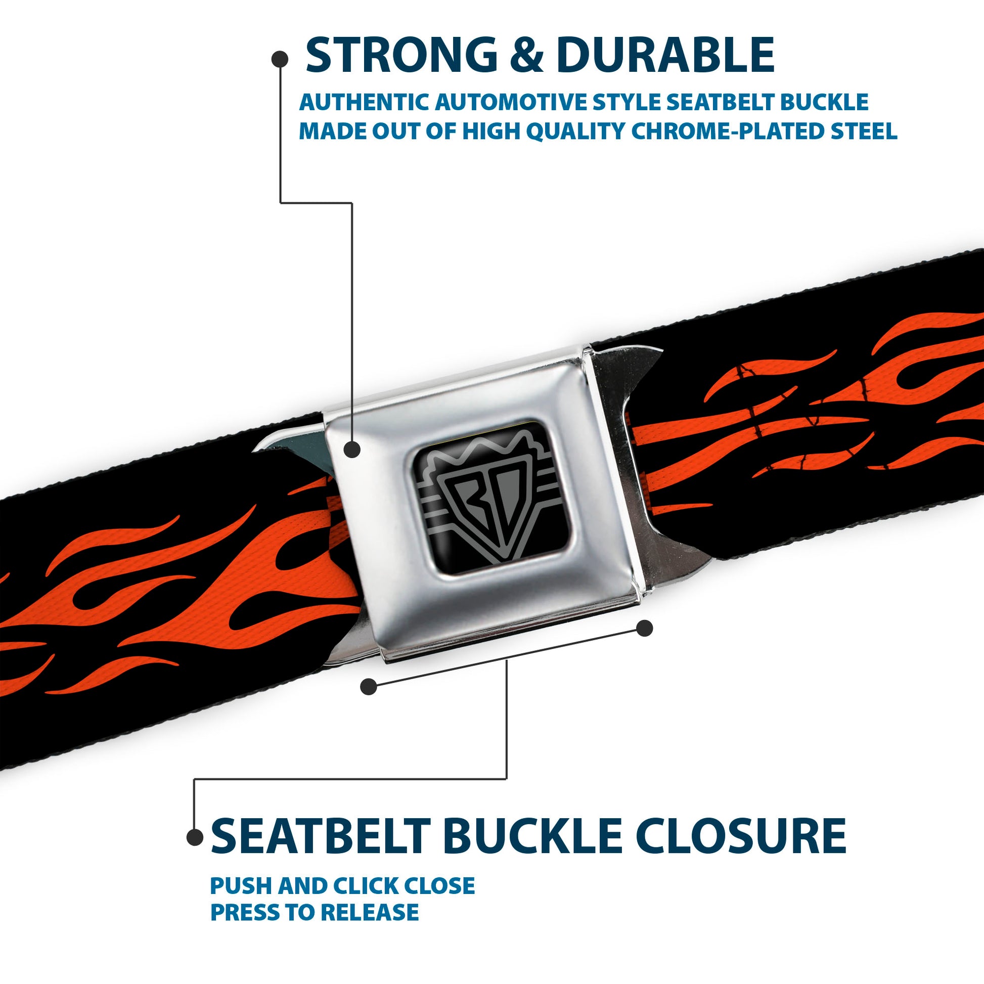 BD Wings Logo CLOSE-UP Full Color Black Silver Seatbelt Belt - Flame Orange Webbing Seatbelt Belts Buckle-Down