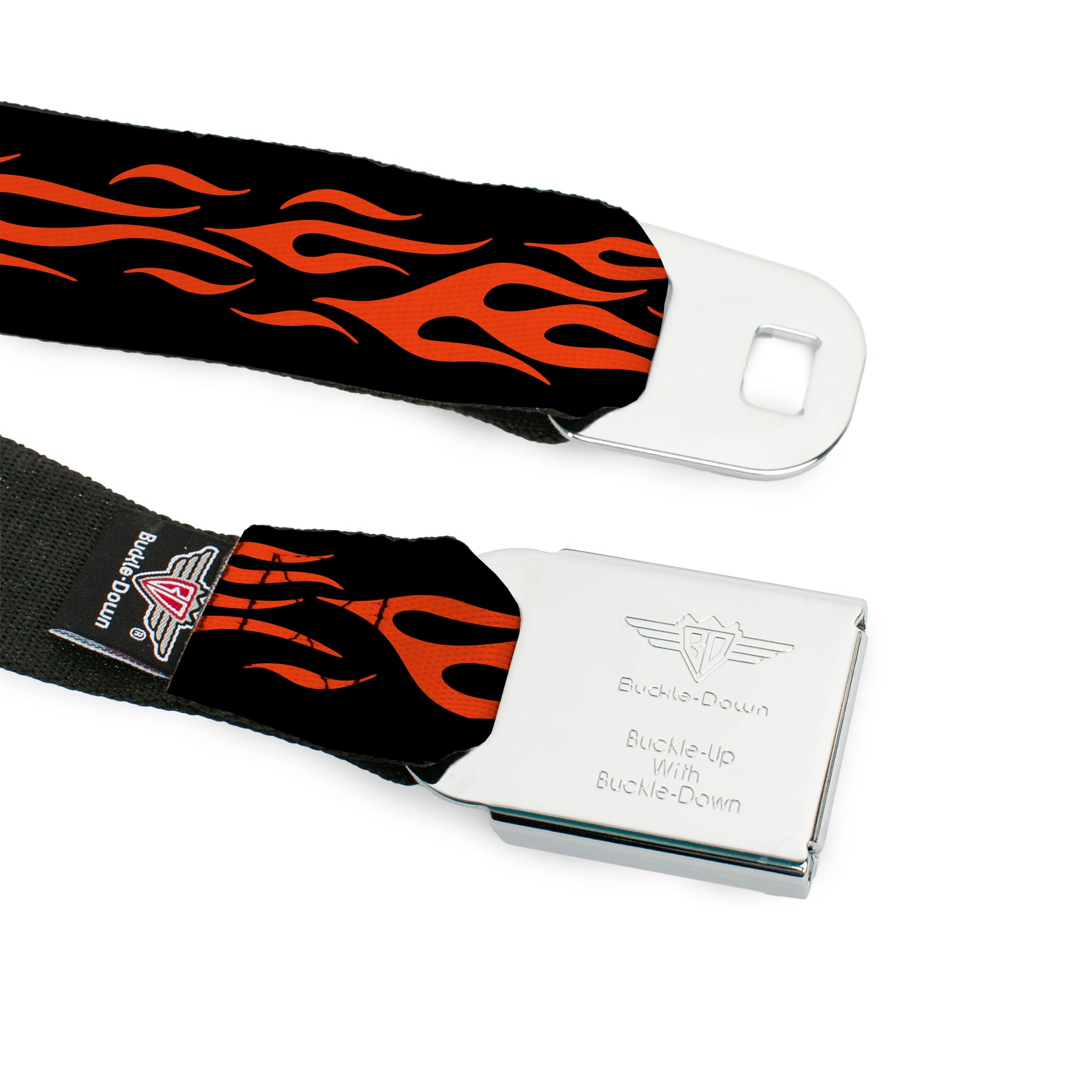 BD Wings Logo CLOSE-UP Full Color Black Silver Seatbelt Belt - Flame Orange Webbing Seatbelt Belts Buckle-Down