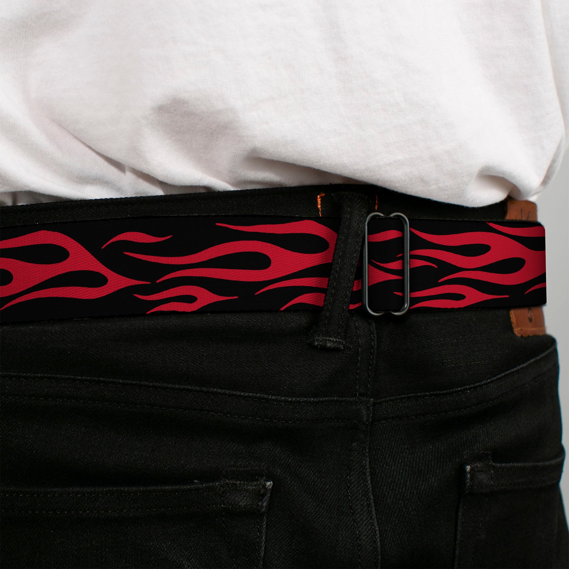 BD Wings Logo CLOSE-UP Full Color Black Silver Seatbelt Belt - Flame Red Webbing Seatbelt Belts Buckle-Down