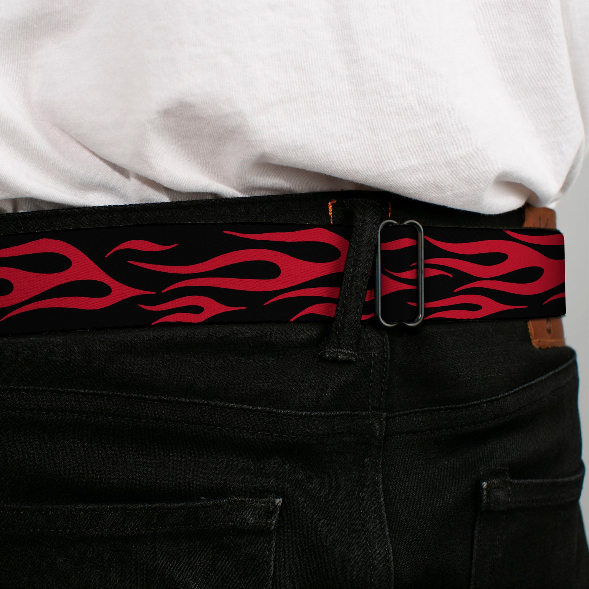 BD Wings Logo CLOSE-UP Full Color Black Silver Seatbelt Belt - Flame Red Webbing Seatbelt Belts Buckle-Down