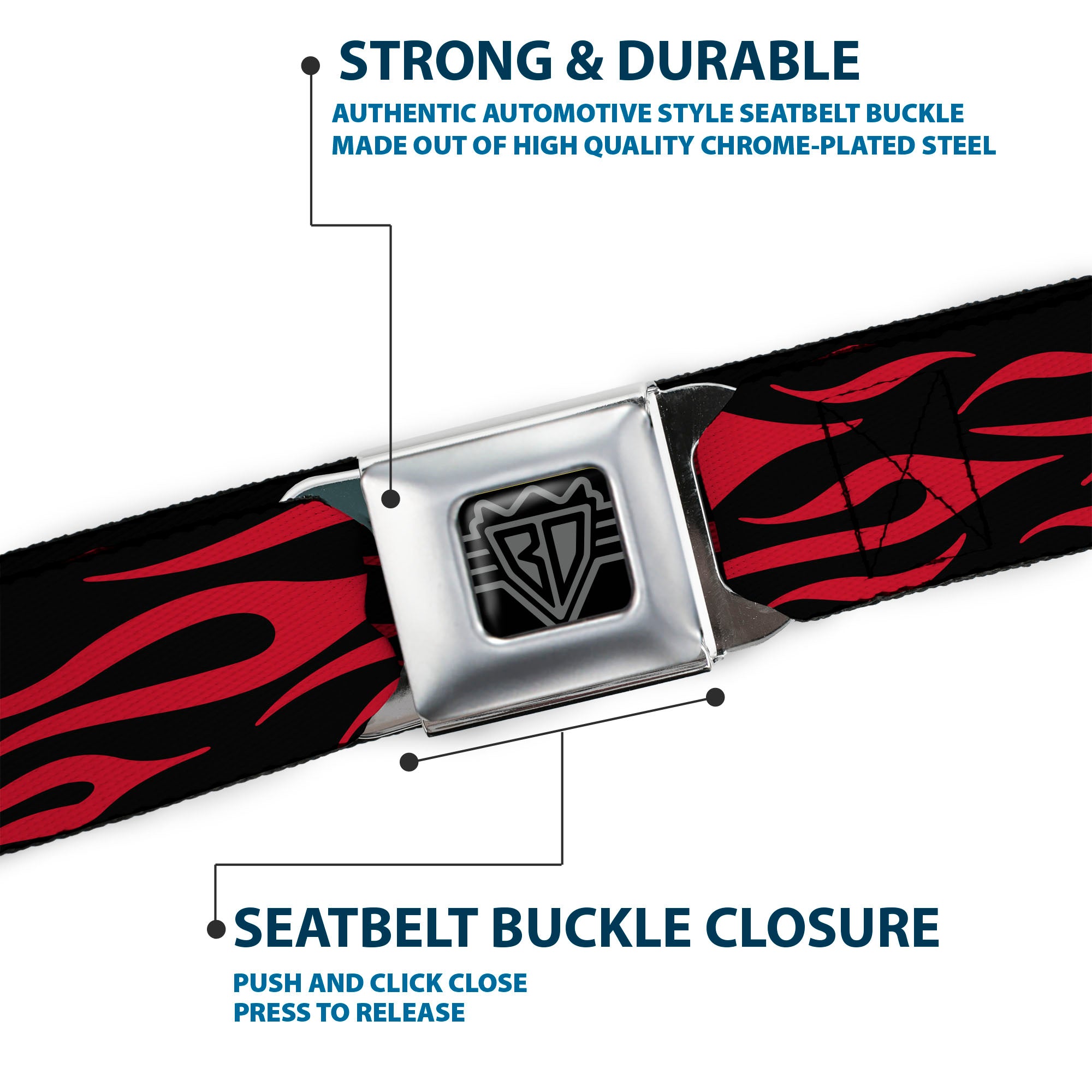 BD Wings Logo CLOSE-UP Full Color Black Silver Seatbelt Belt - Flame Red Webbing Seatbelt Belts Buckle-Down