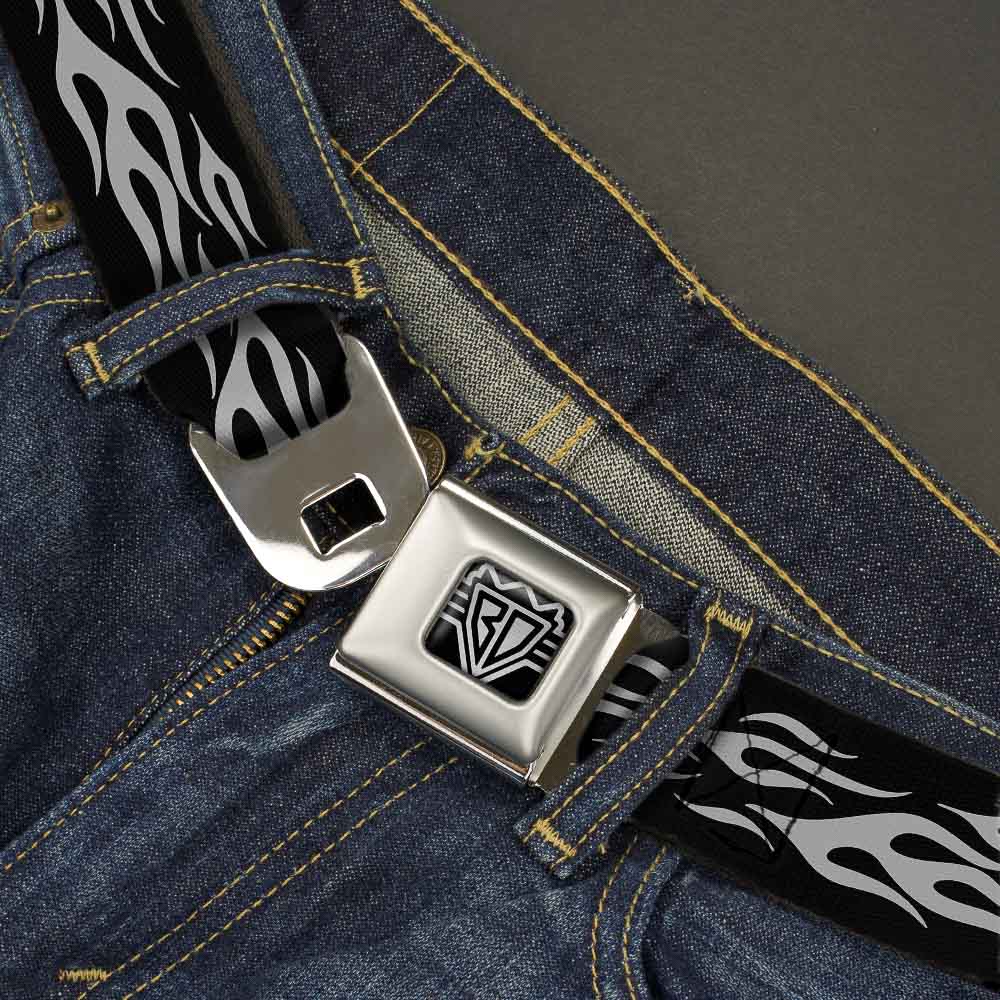 BD Wings Logo CLOSE-UP Full Color Black Silver Seatbelt Belt - Flame Silver Webbing Seatbelt Belts Buckle-Down