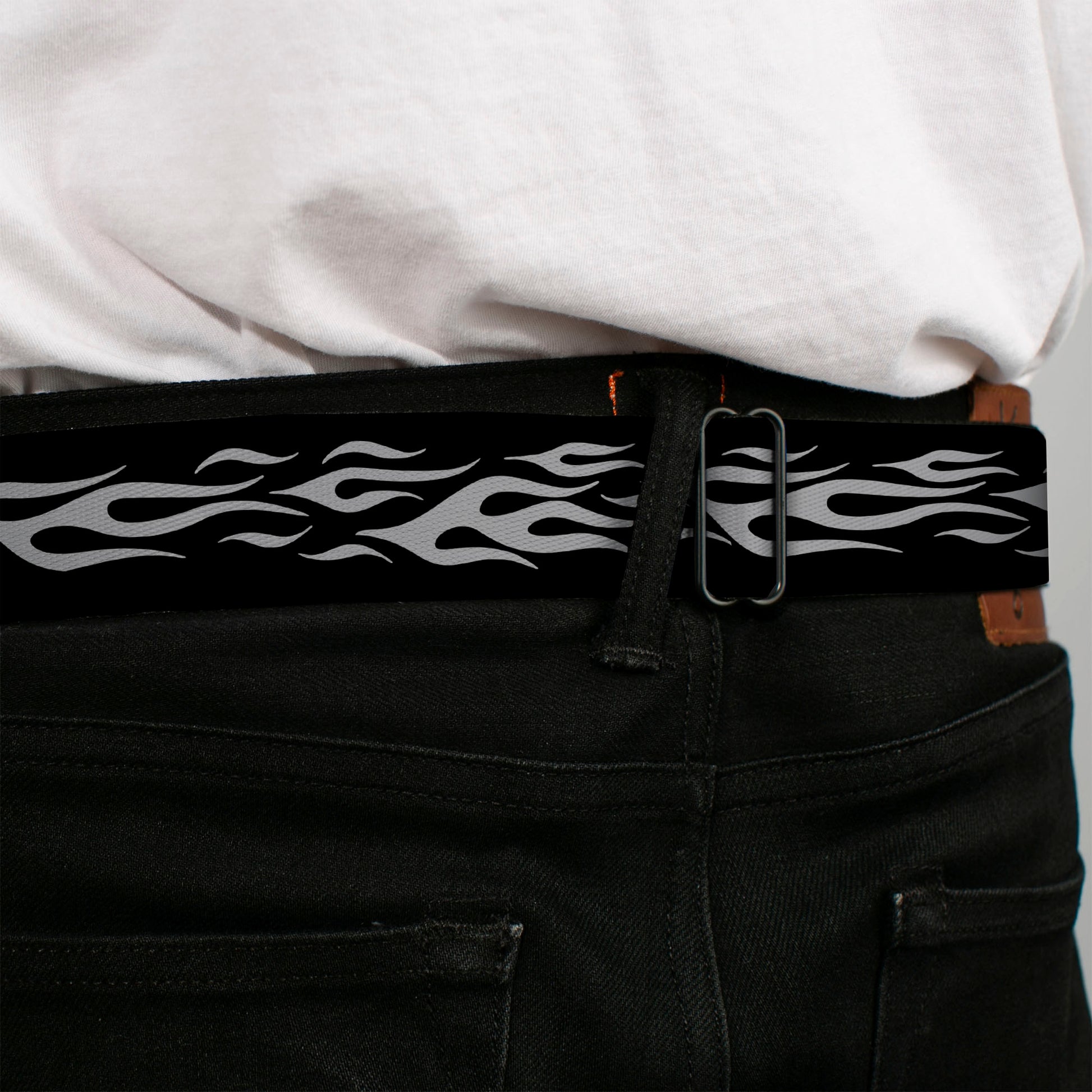 BD Wings Logo CLOSE-UP Full Color Black Silver Seatbelt Belt - Flame Silver Webbing Seatbelt Belts Buckle-Down