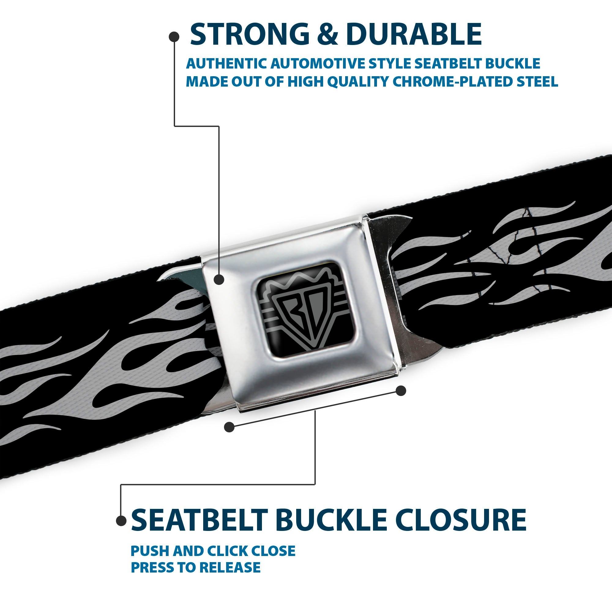 BD Wings Logo CLOSE-UP Full Color Black Silver Seatbelt Belt - Flame Silver Webbing Seatbelt Belts Buckle-Down