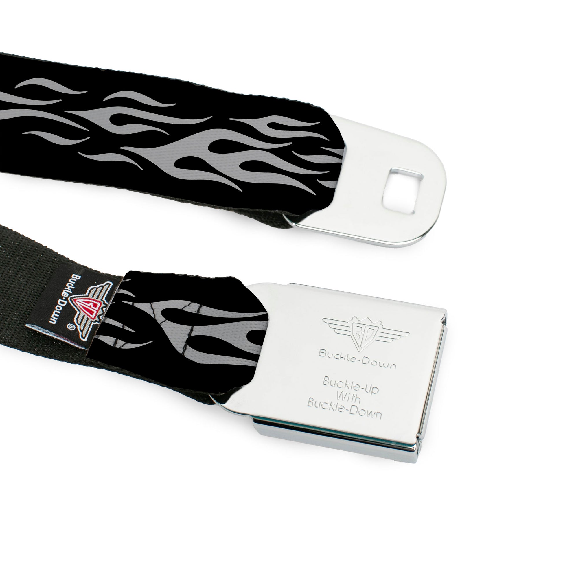 BD Wings Logo CLOSE-UP Full Color Black Silver Seatbelt Belt - Flame Silver Webbing Seatbelt Belts Buckle-Down