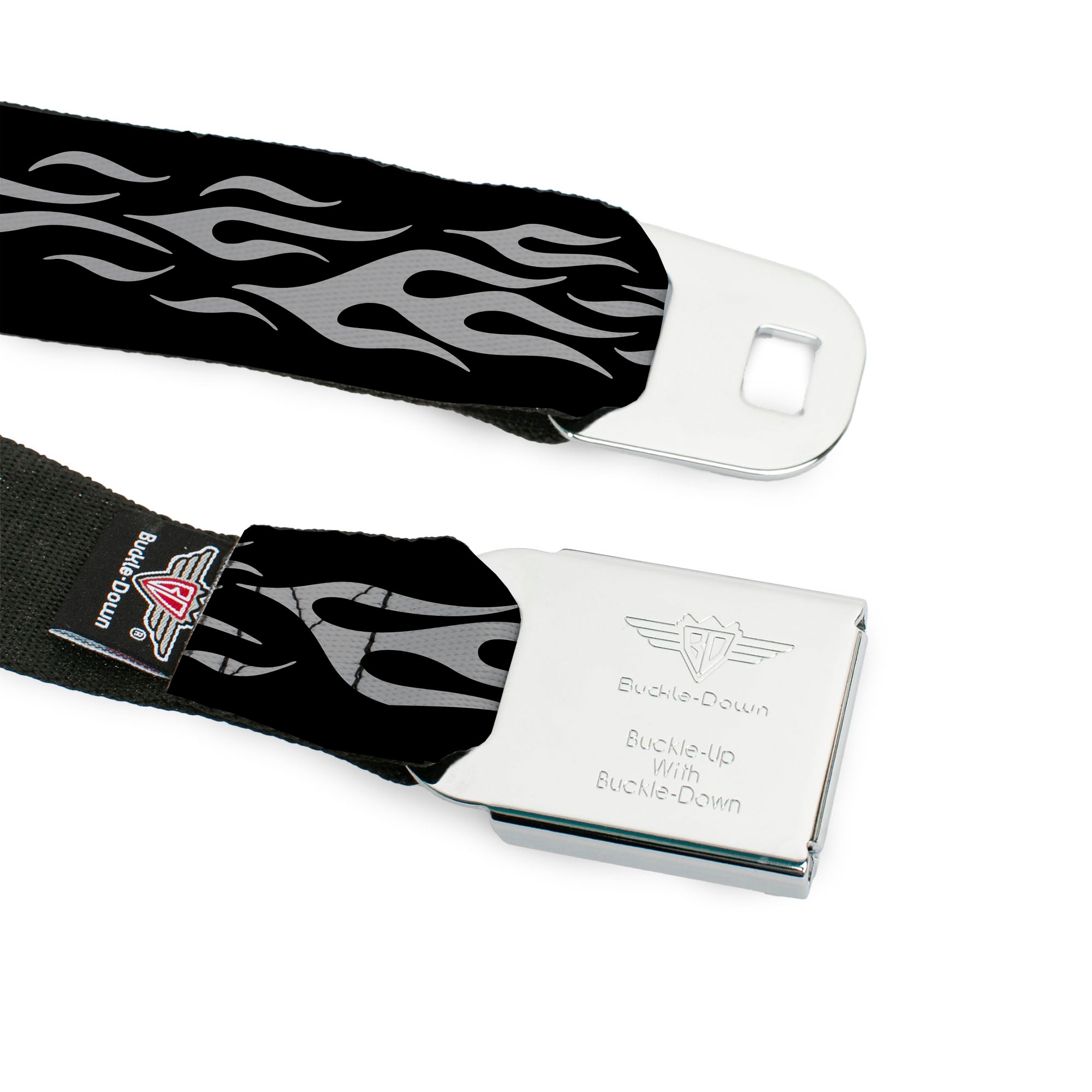BD Wings Logo CLOSE-UP Full Color Black Silver Seatbelt Belt - Flame Silver Webbing Seatbelt Belts Buckle-Down