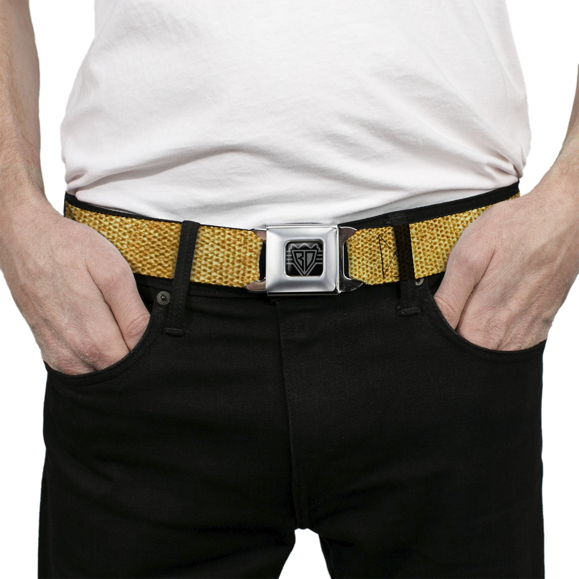 BD Wings Logo CLOSE-UP Black/Silver Seatbelt Belt - Metallic Gold Webbing Seatbelt Belts Buckle-Down