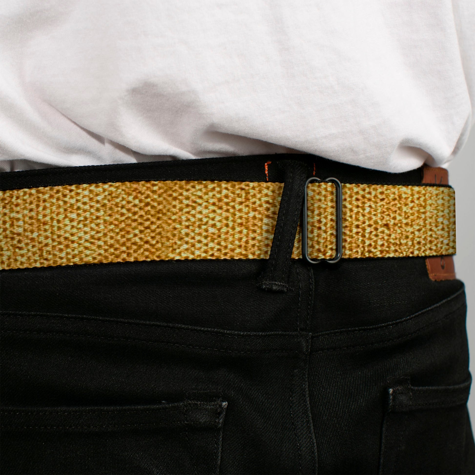 BD Wings Logo CLOSE-UP Black/Silver Seatbelt Belt - Metallic Gold Webbing Seatbelt Belts Buckle-Down