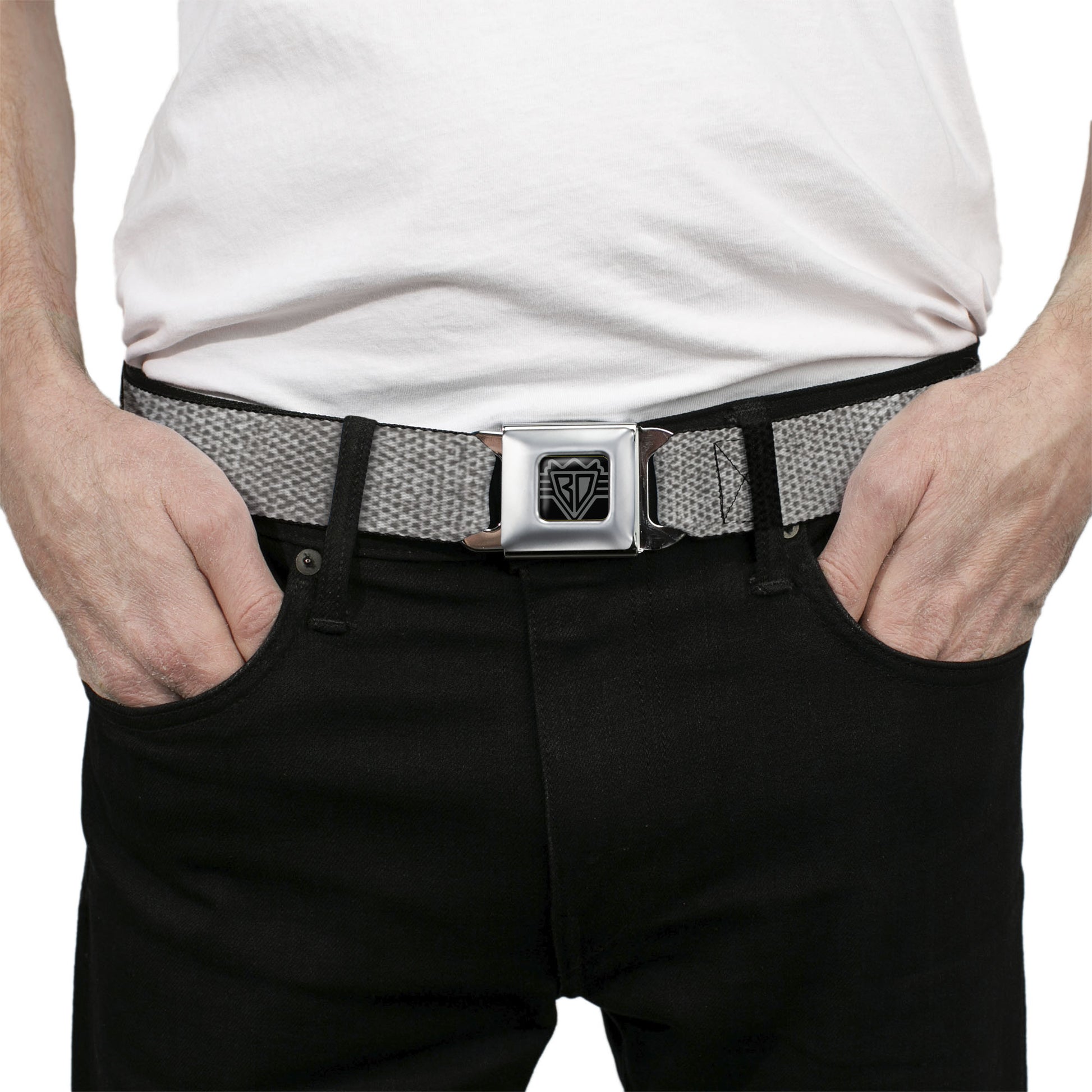 BD Wings Logo CLOSE-UP Black/Silver Seatbelt Belt - Metallic Silver Webbing Seatbelt Belts Buckle-Down