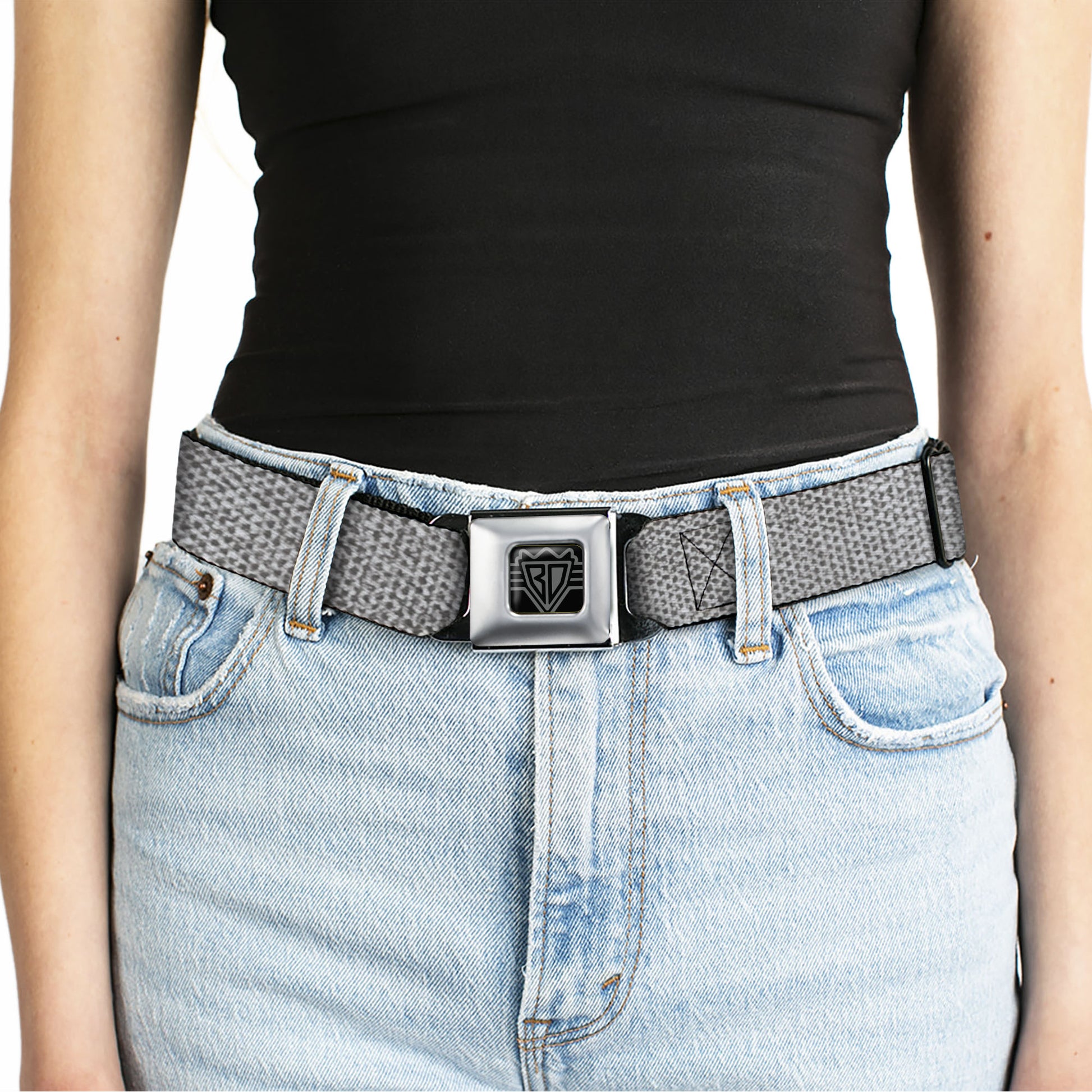 BD Wings Logo CLOSE-UP Black/Silver Seatbelt Belt - Metallic Silver Webbing Seatbelt Belts Buckle-Down