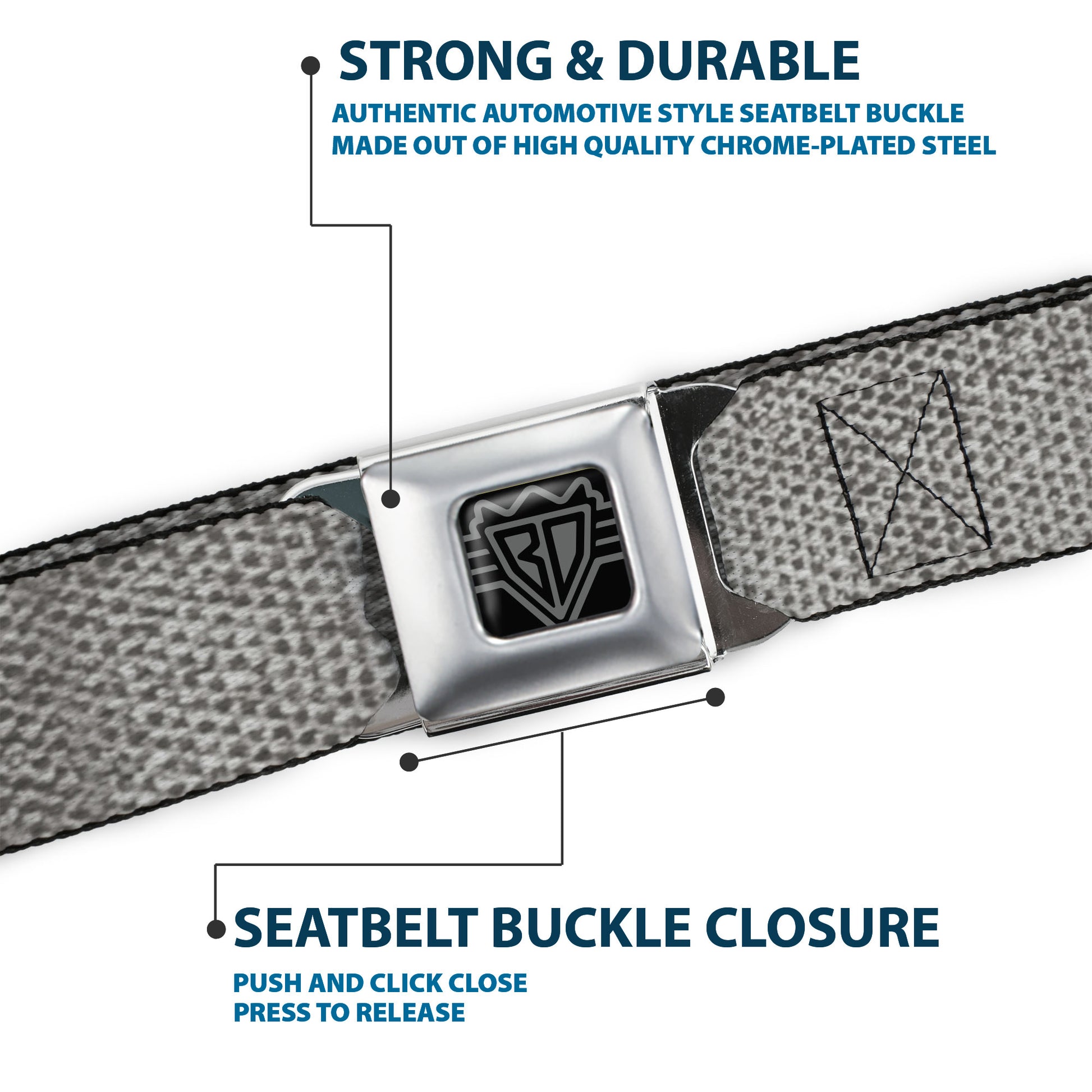 BD Wings Logo CLOSE-UP Black/Silver Seatbelt Belt - Metallic Silver Webbing Seatbelt Belts Buckle-Down