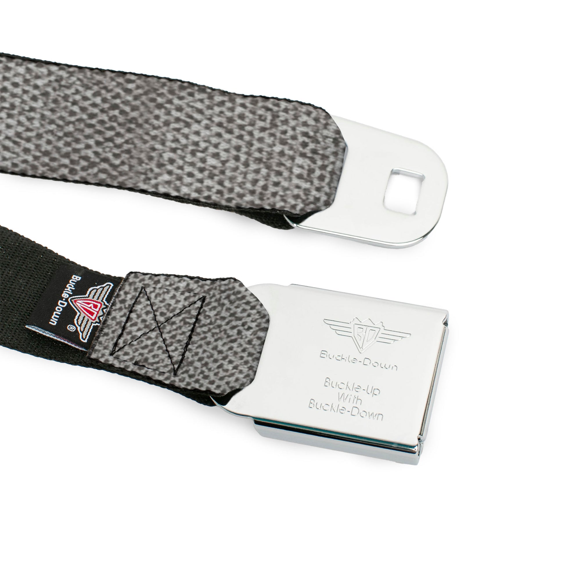 BD Wings Logo CLOSE-UP Black/Silver Seatbelt Belt - Metallic Silver Webbing Seatbelt Belts Buckle-Down