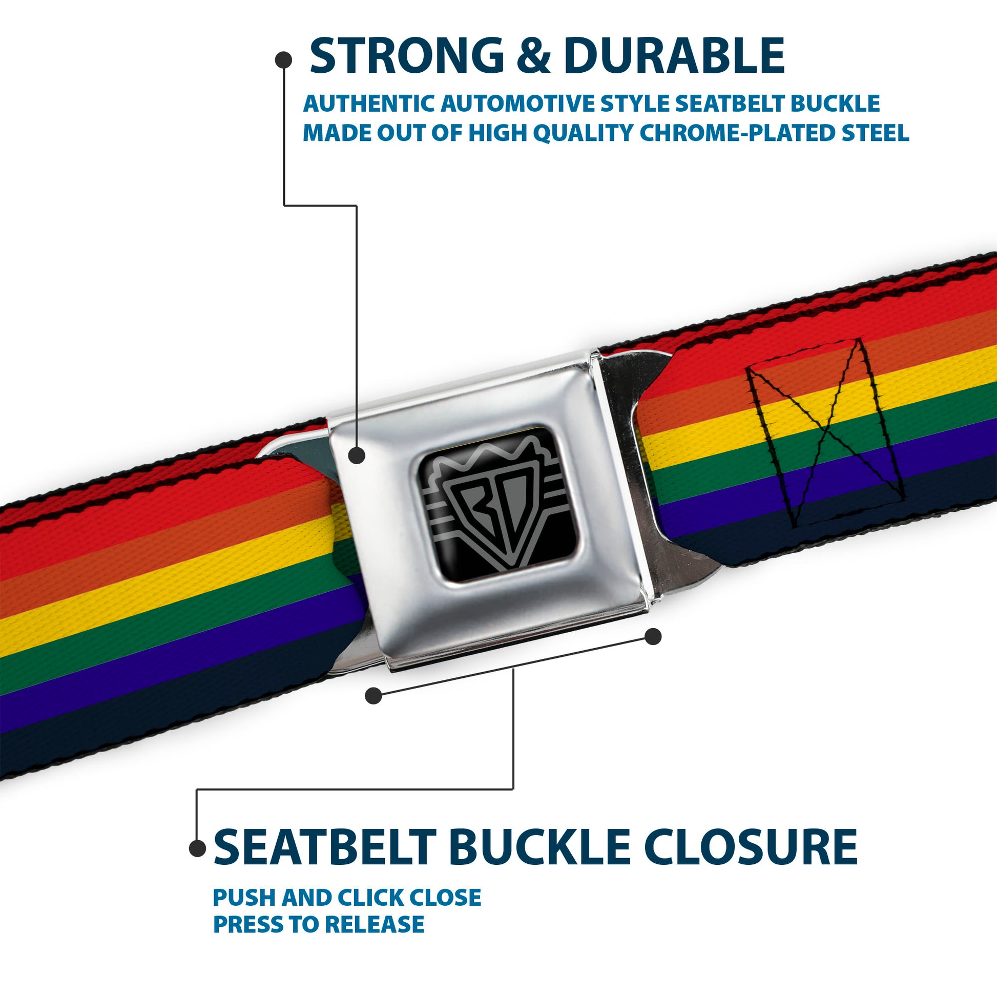 BD Wings Logo CLOSE-UP Full Color Black Silver Seatbelt Belt - Rainbow Webbing Seatbelt Belts Buckle-Down