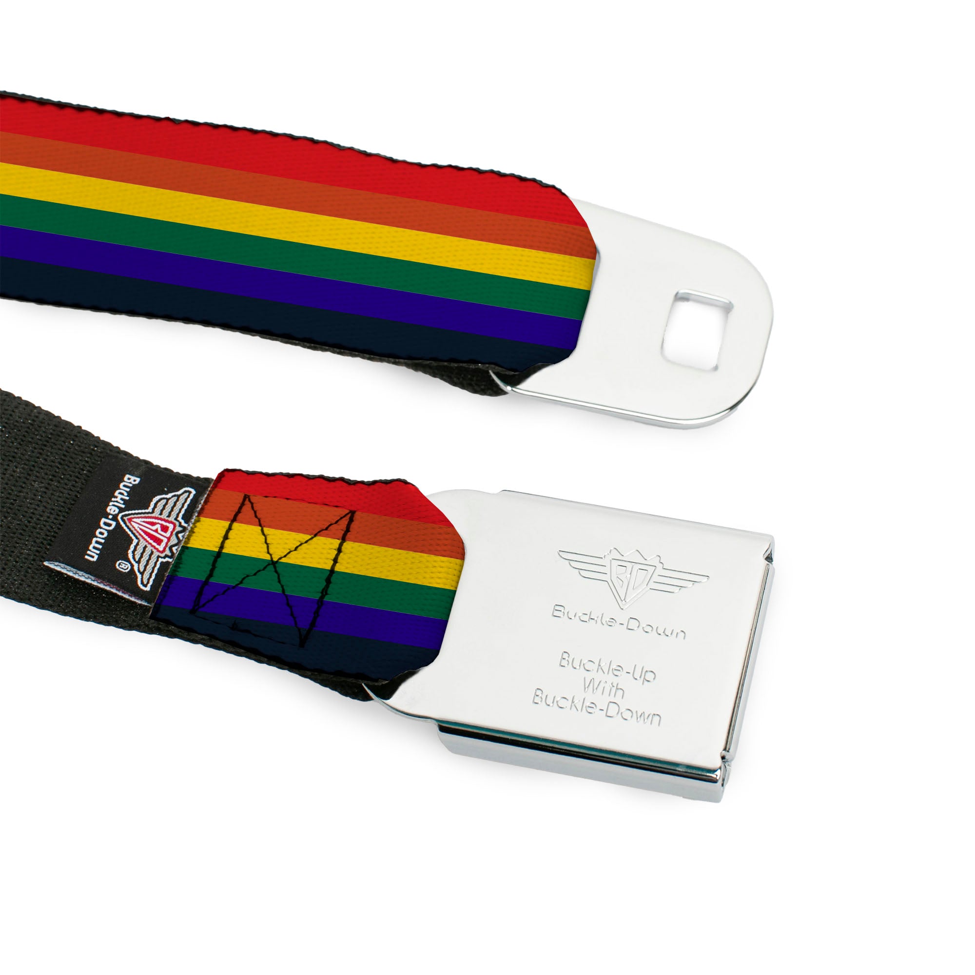BD Wings Logo CLOSE-UP Full Color Black Silver Seatbelt Belt - Rainbow Webbing Seatbelt Belts Buckle-Down