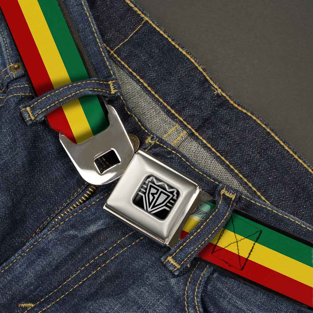 BD Wings Logo CLOSE-UP Full Color Black Silver Seatbelt Belt - Rasta Webbing Seatbelt Belts Buckle-Down