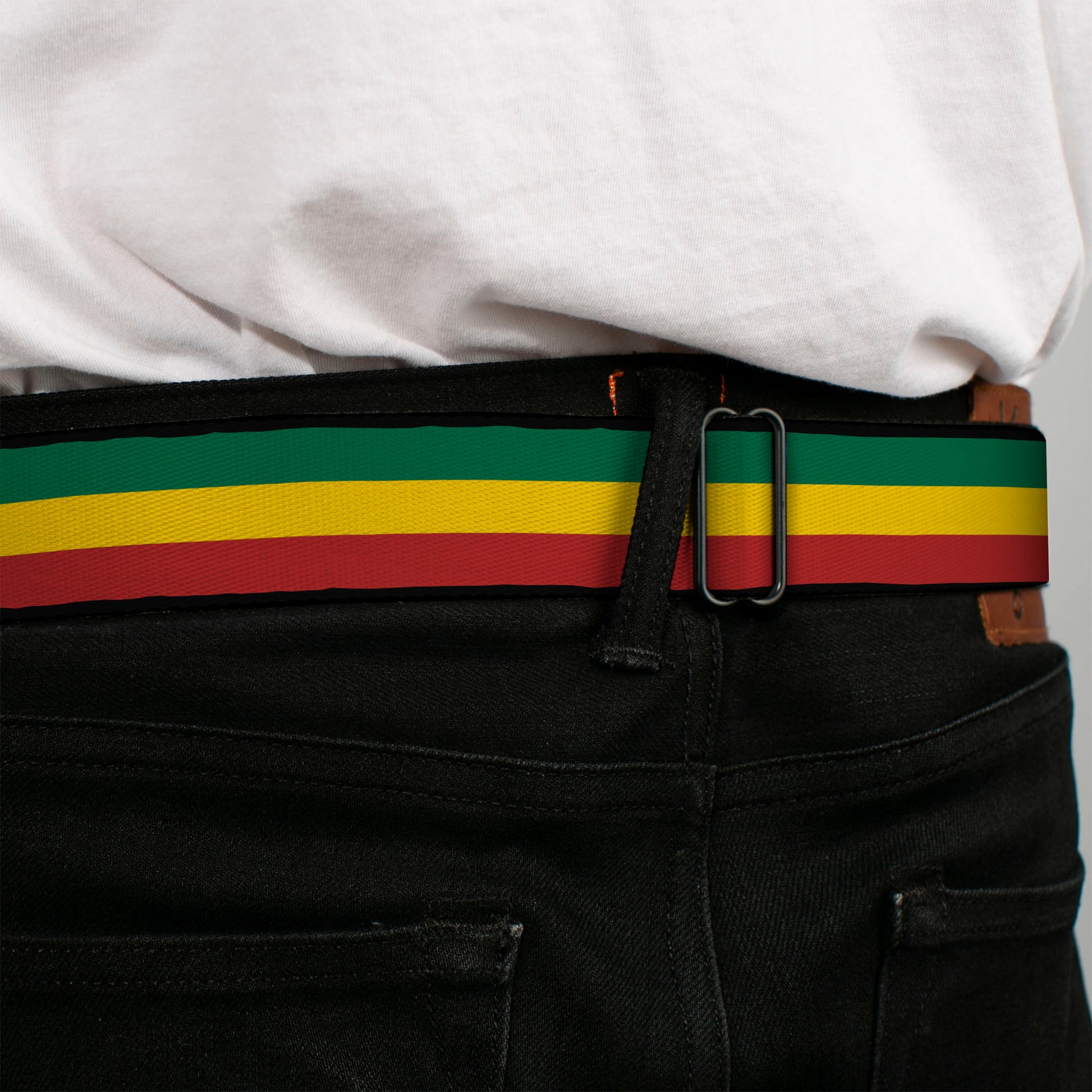 BD Wings Logo CLOSE-UP Full Color Black Silver Seatbelt Belt - Rasta Webbing Seatbelt Belts Buckle-Down