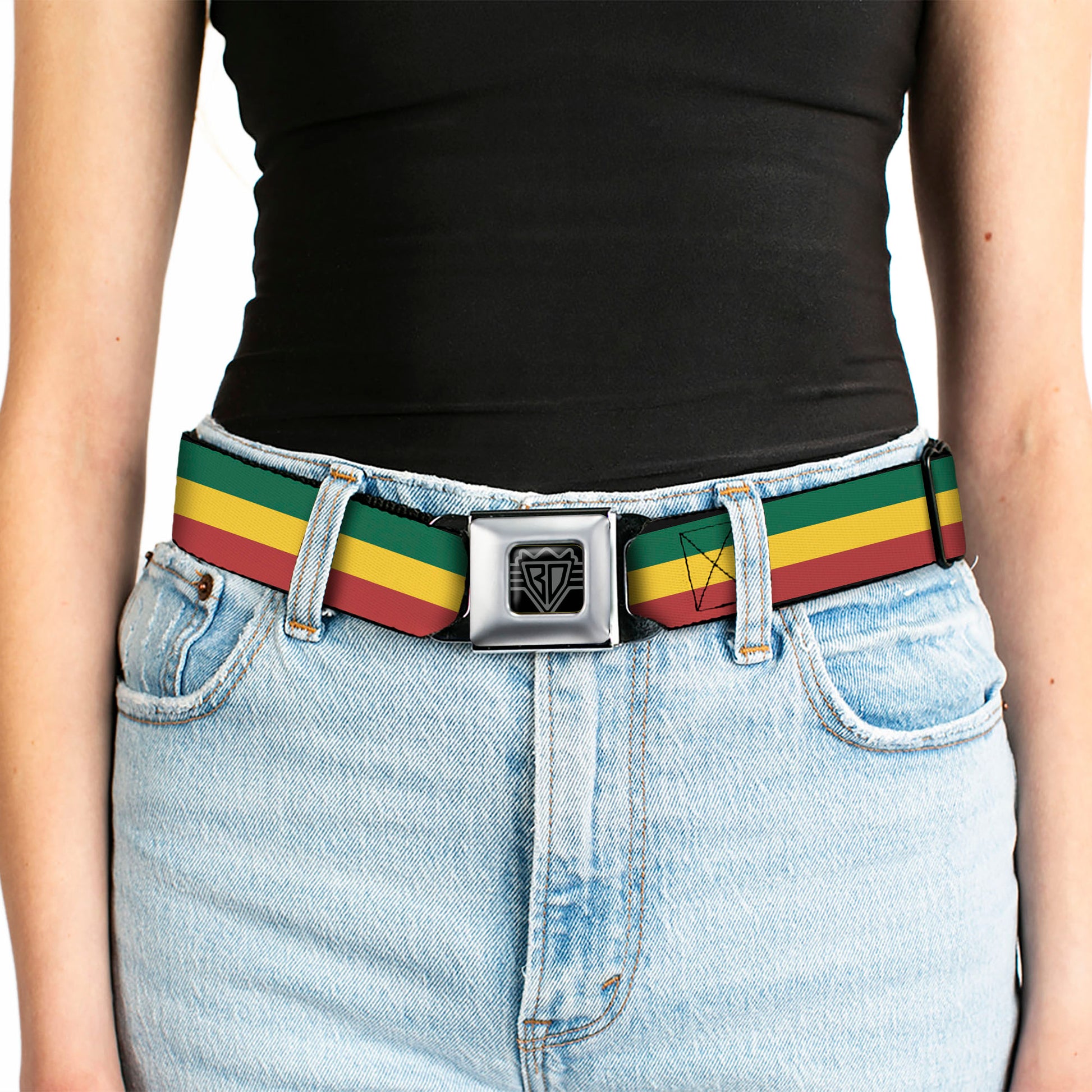 BD Wings Logo CLOSE-UP Full Color Black Silver Seatbelt Belt - Rasta Webbing Seatbelt Belts Buckle-Down