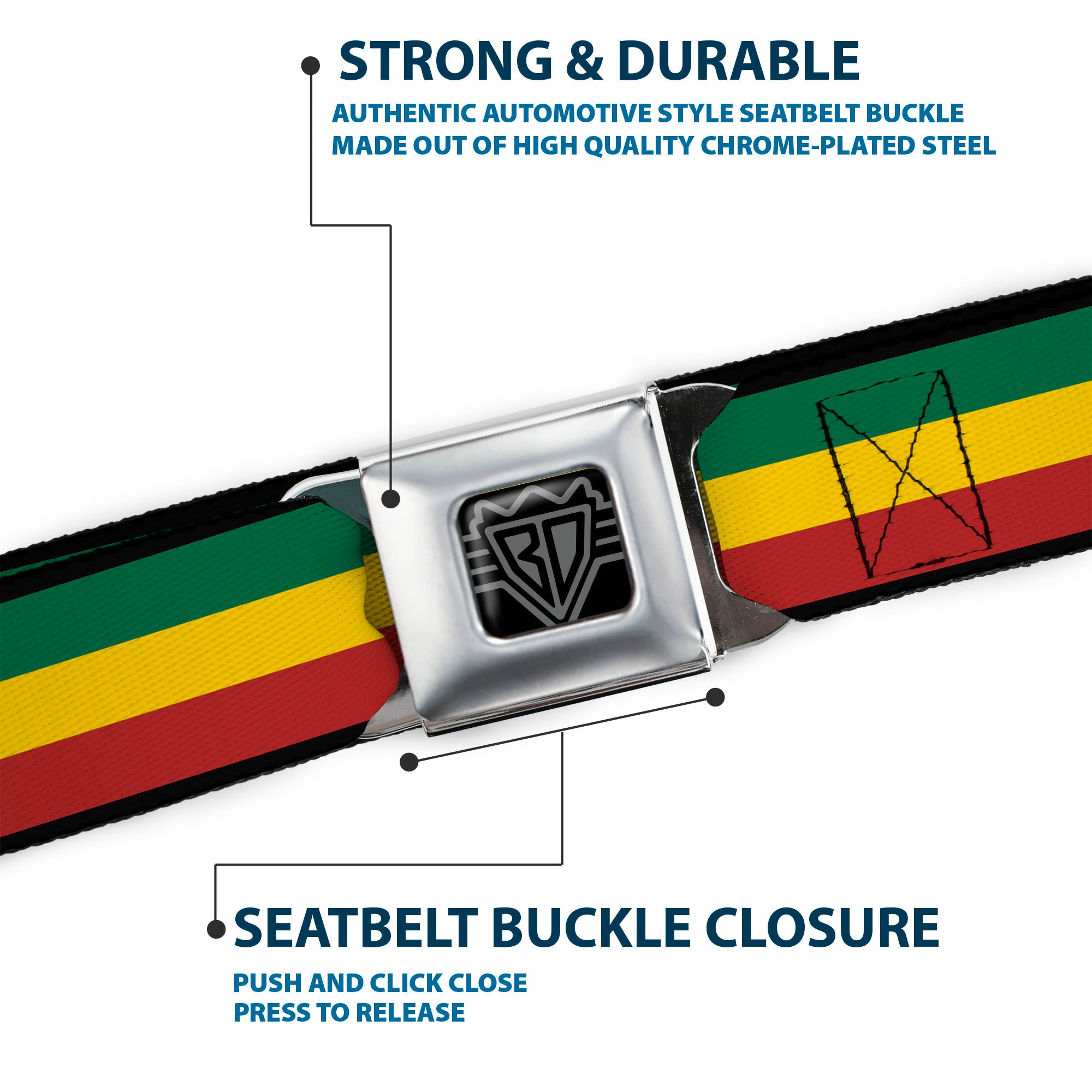 BD Wings Logo CLOSE-UP Full Color Black Silver Seatbelt Belt - Rasta Webbing Seatbelt Belts Buckle-Down