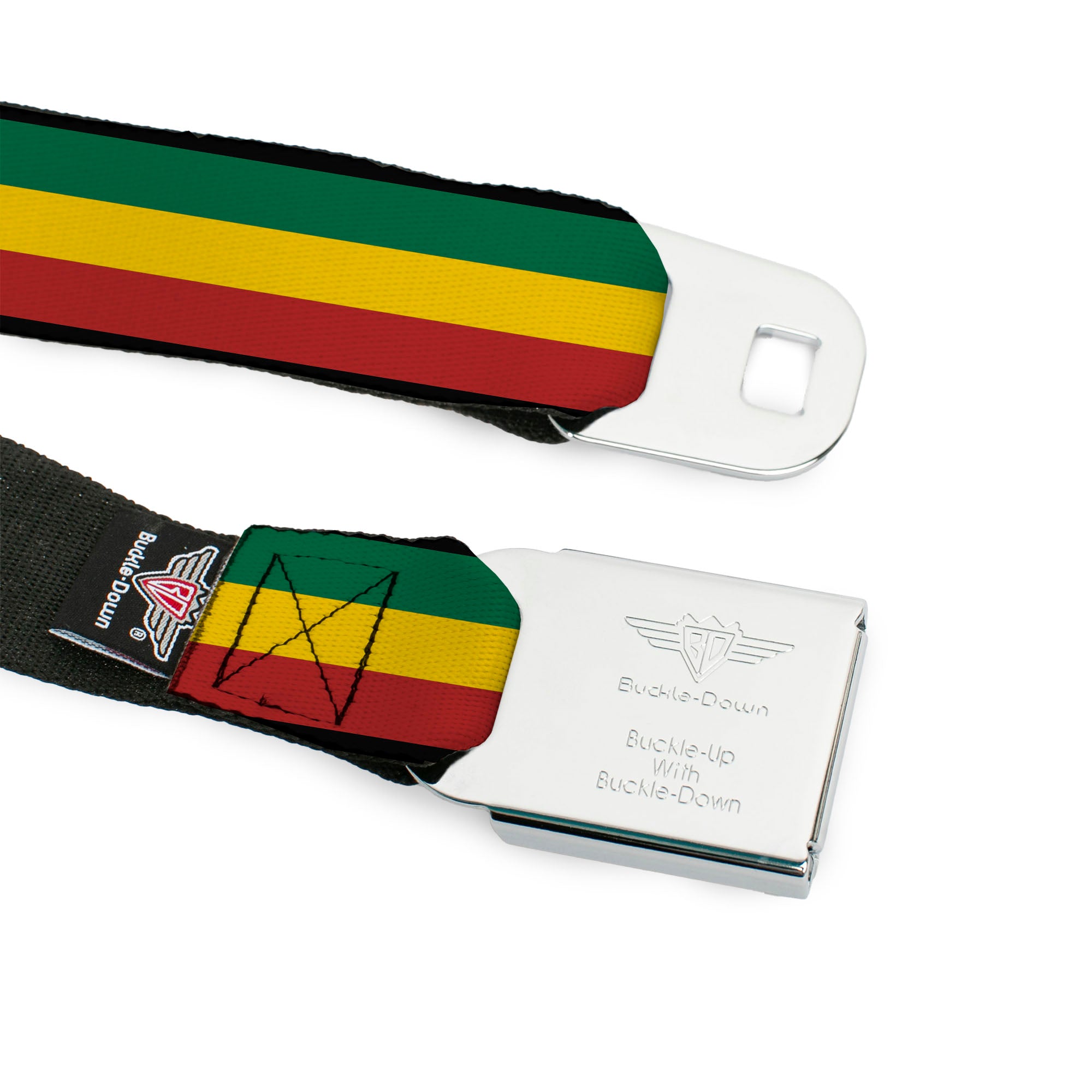 BD Wings Logo CLOSE-UP Full Color Black Silver Seatbelt Belt - Rasta Webbing Seatbelt Belts Buckle-Down