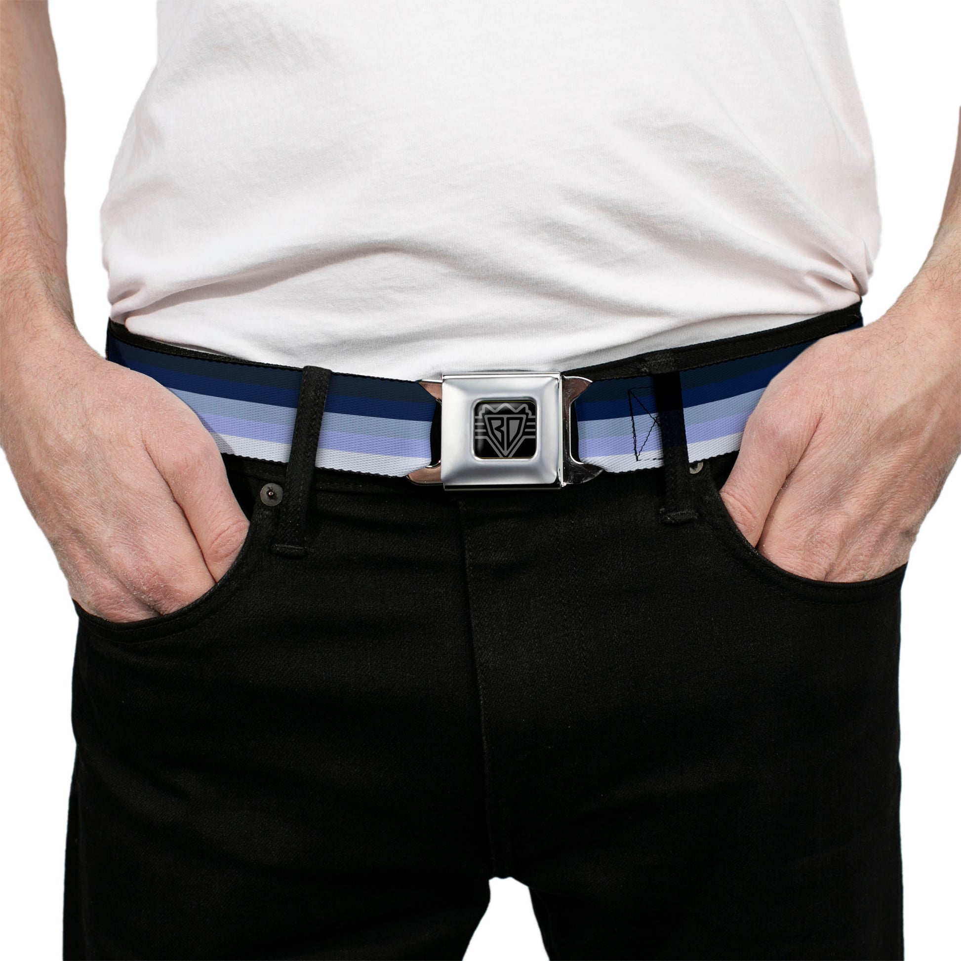 BD Wings Logo CLOSE-UP Full Color Black Silver Seatbelt Belt - Spectrum Blue Webbing Seatbelt Belts Buckle-Down