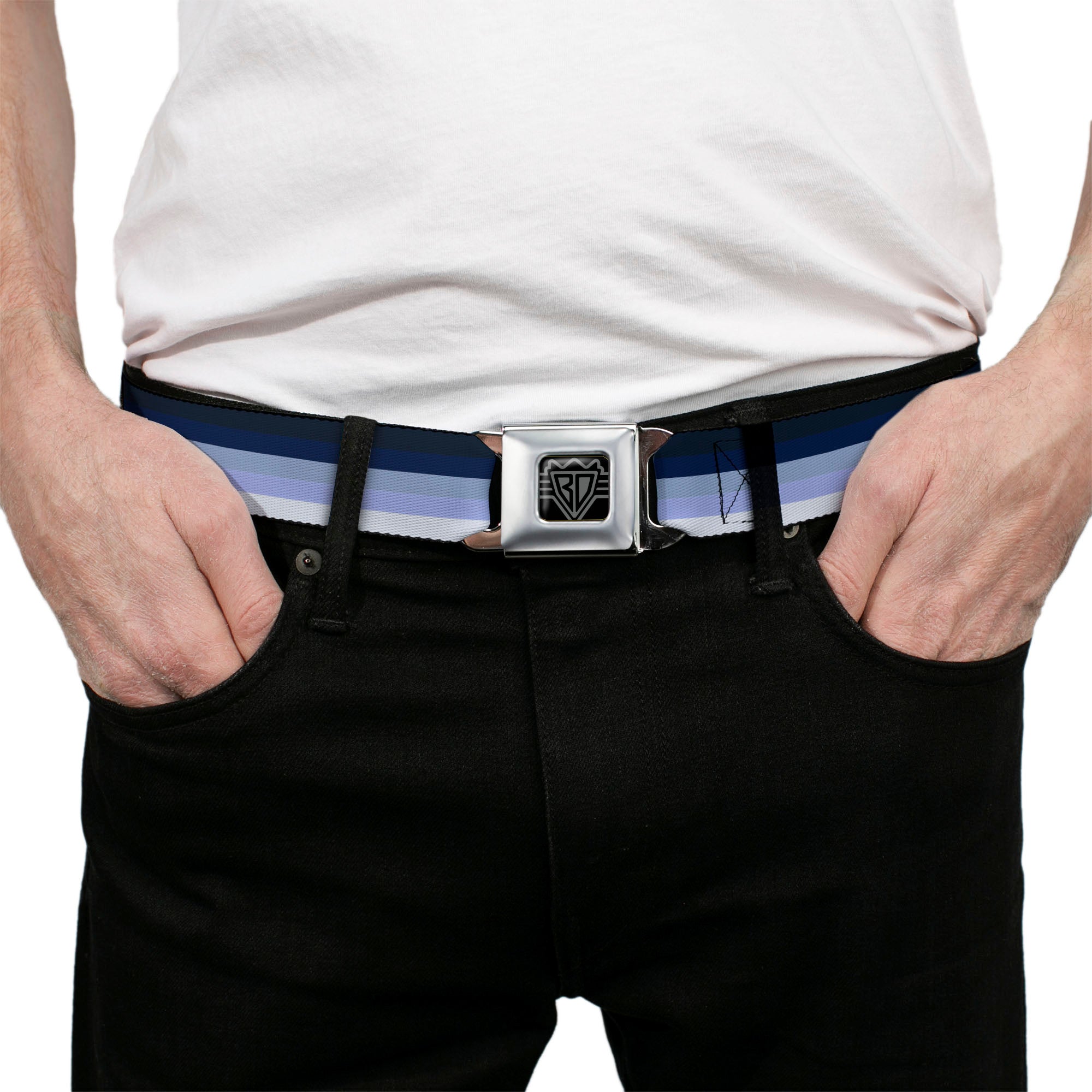 BD Wings Logo CLOSE-UP Full Color Black Silver Seatbelt Belt - Spectrum Blue Webbing Seatbelt Belts Buckle-Down