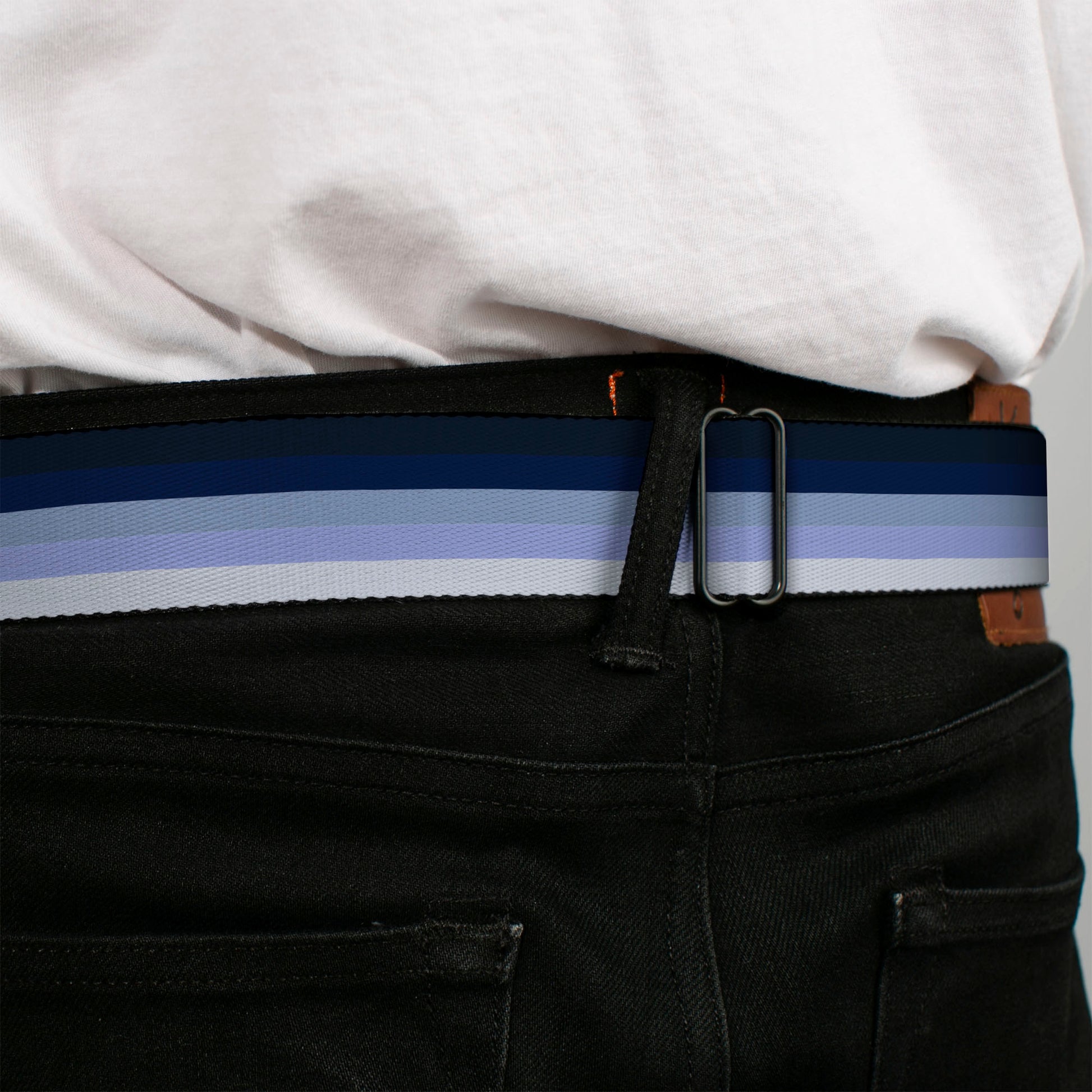 BD Wings Logo CLOSE-UP Full Color Black Silver Seatbelt Belt - Spectrum Blue Webbing Seatbelt Belts Buckle-Down