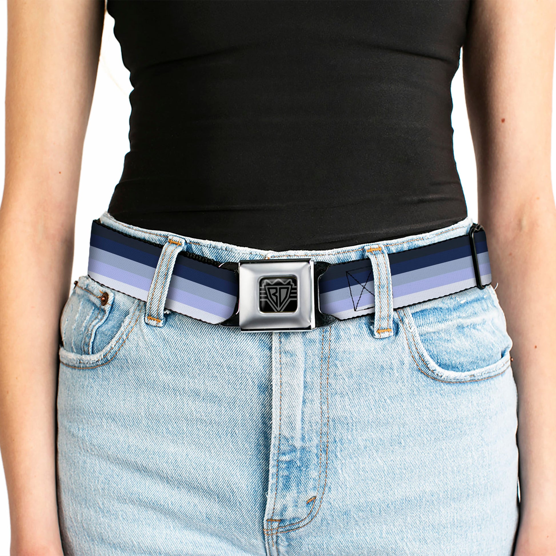BD Wings Logo CLOSE-UP Full Color Black Silver Seatbelt Belt - Spectrum Blue Webbing Seatbelt Belts Buckle-Down