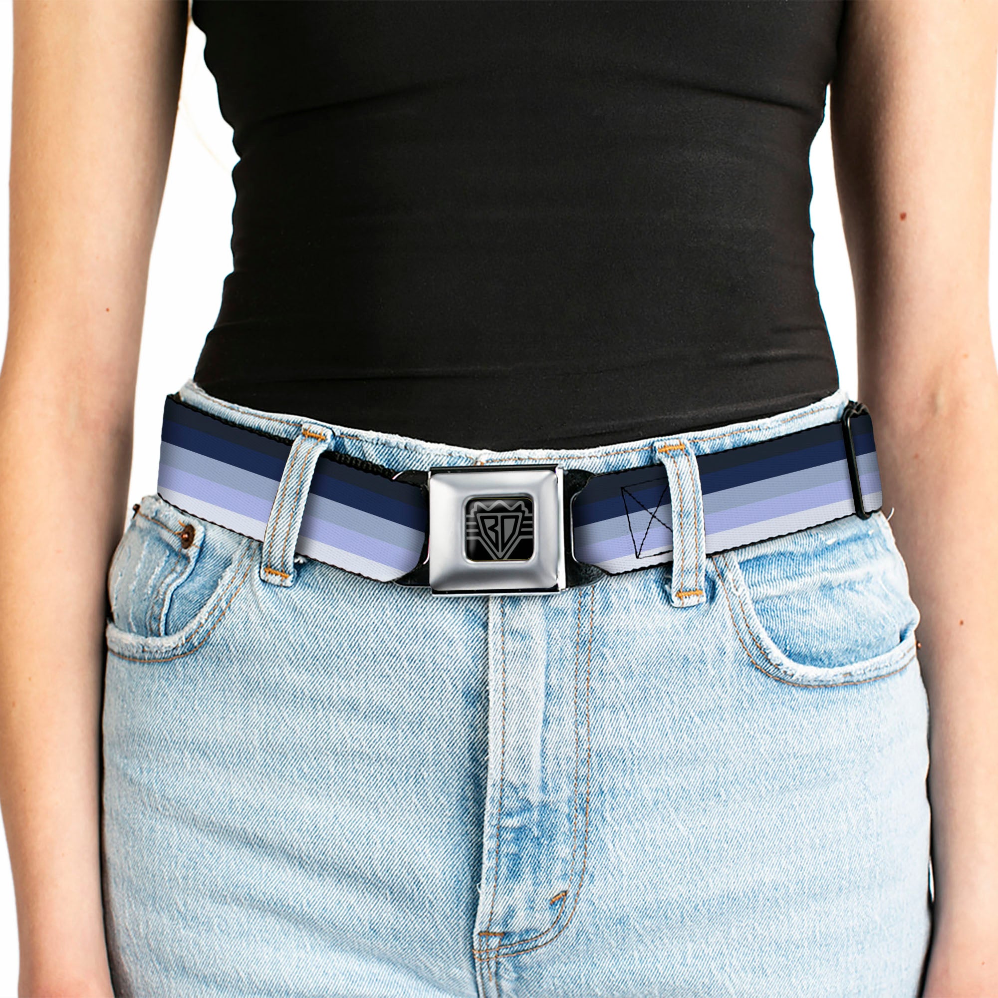 BD Wings Logo CLOSE-UP Full Color Black Silver Seatbelt Belt - Spectrum Blue Webbing Seatbelt Belts Buckle-Down